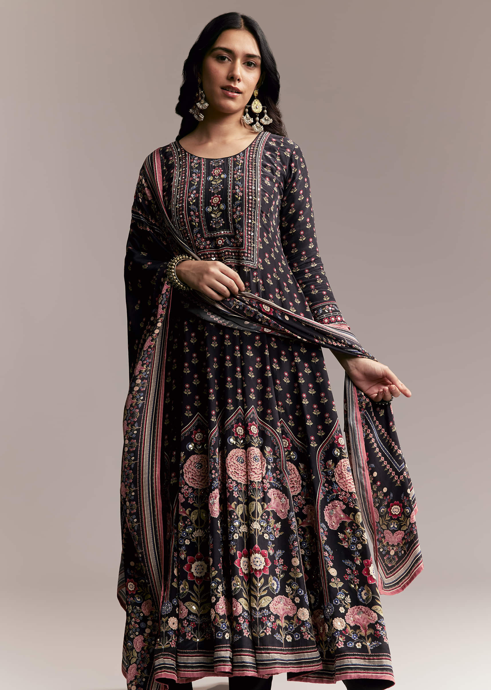 Black Floral Printed Anarkali Set - Image 4