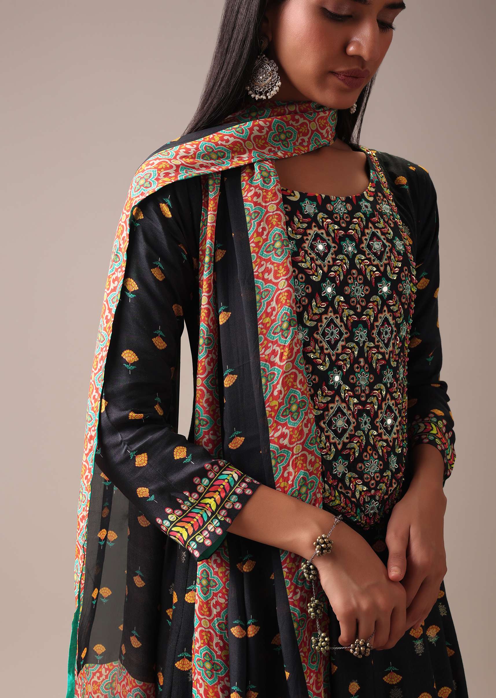 Black Floral Printed Anarkali Suit Set In Art Silk - Image 2