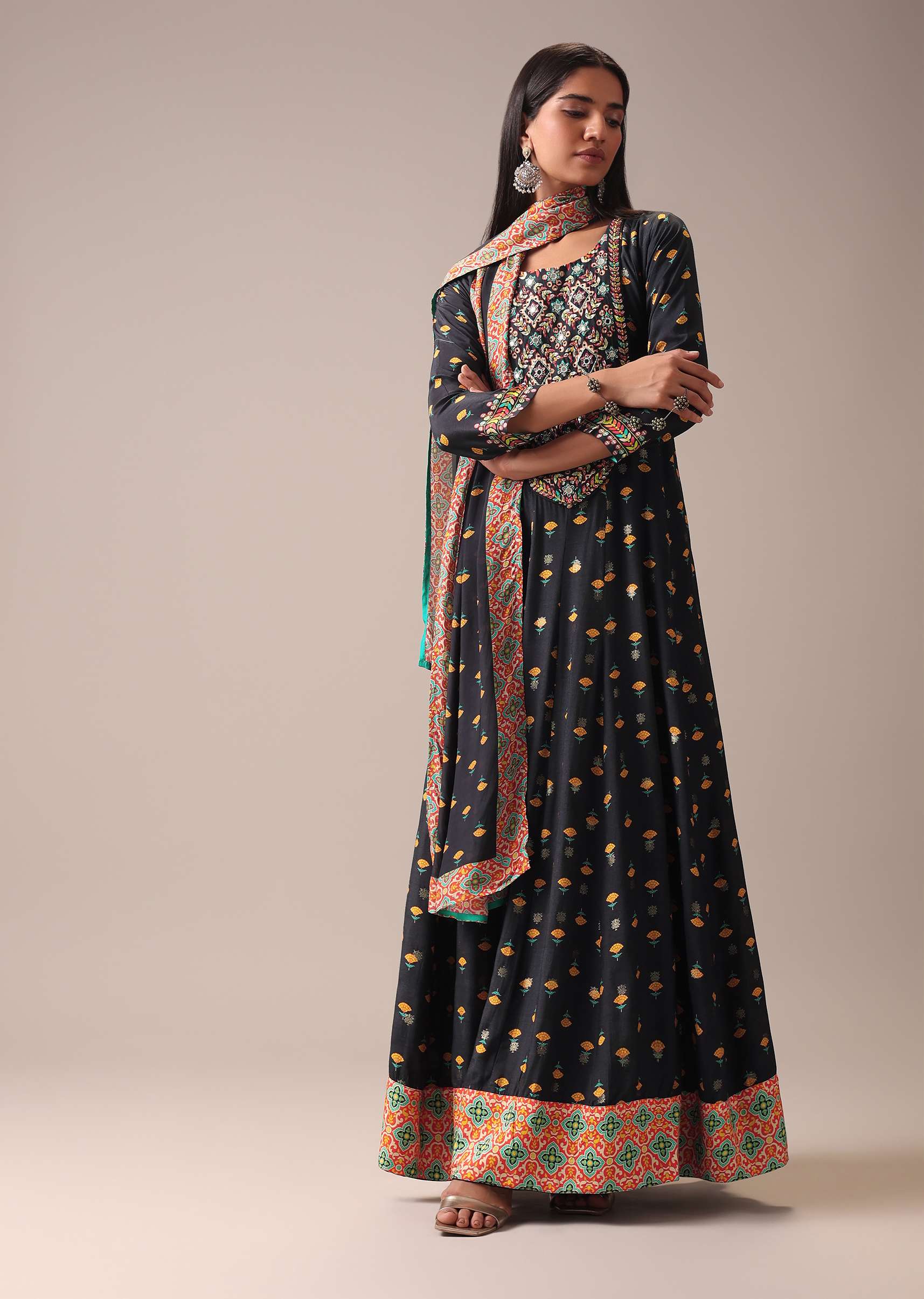Black Floral Printed Anarkali Suit Set In Art Silk - Image 3