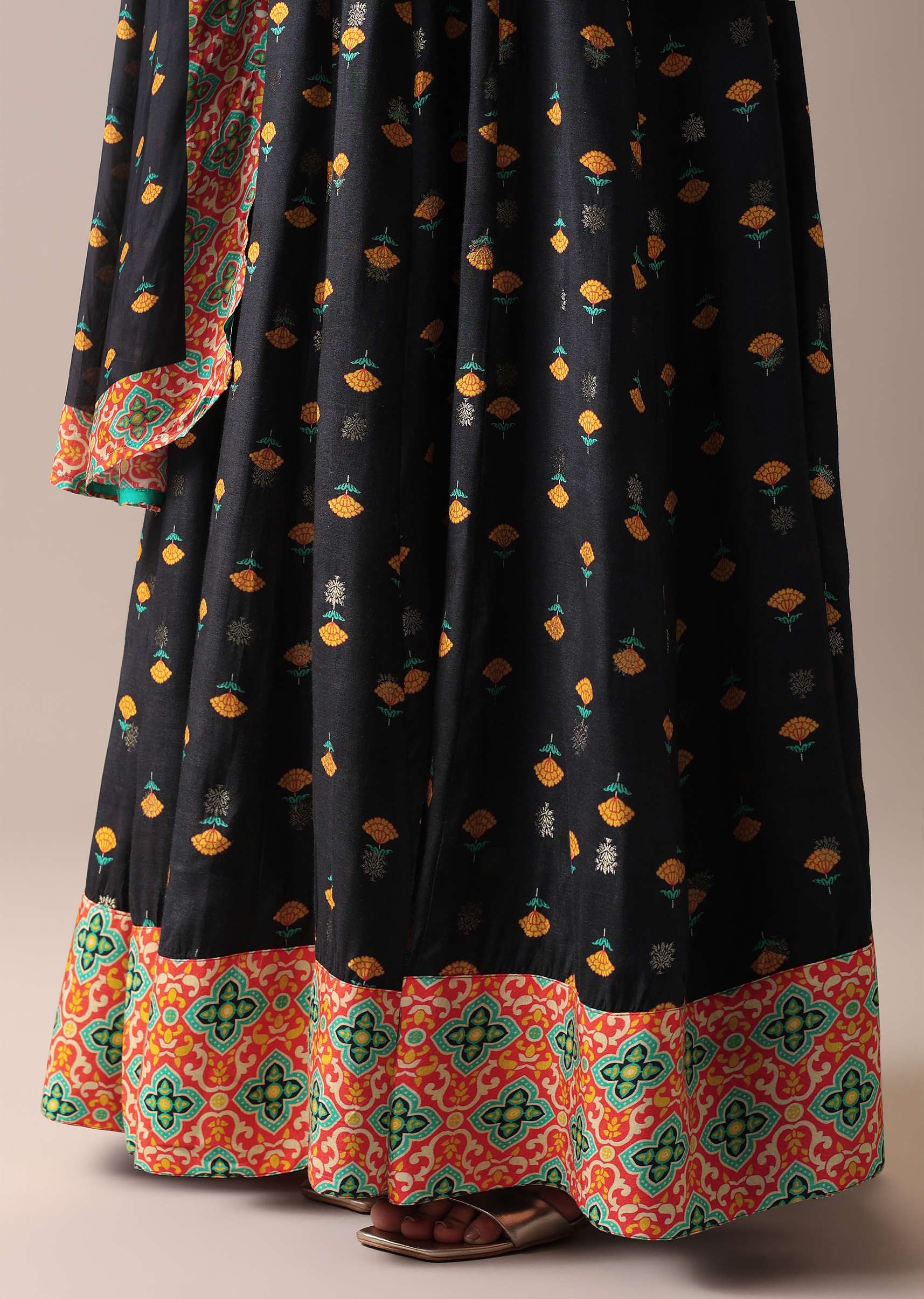 Black Floral Printed Anarkali Suit Set In Art Silk - Image 7