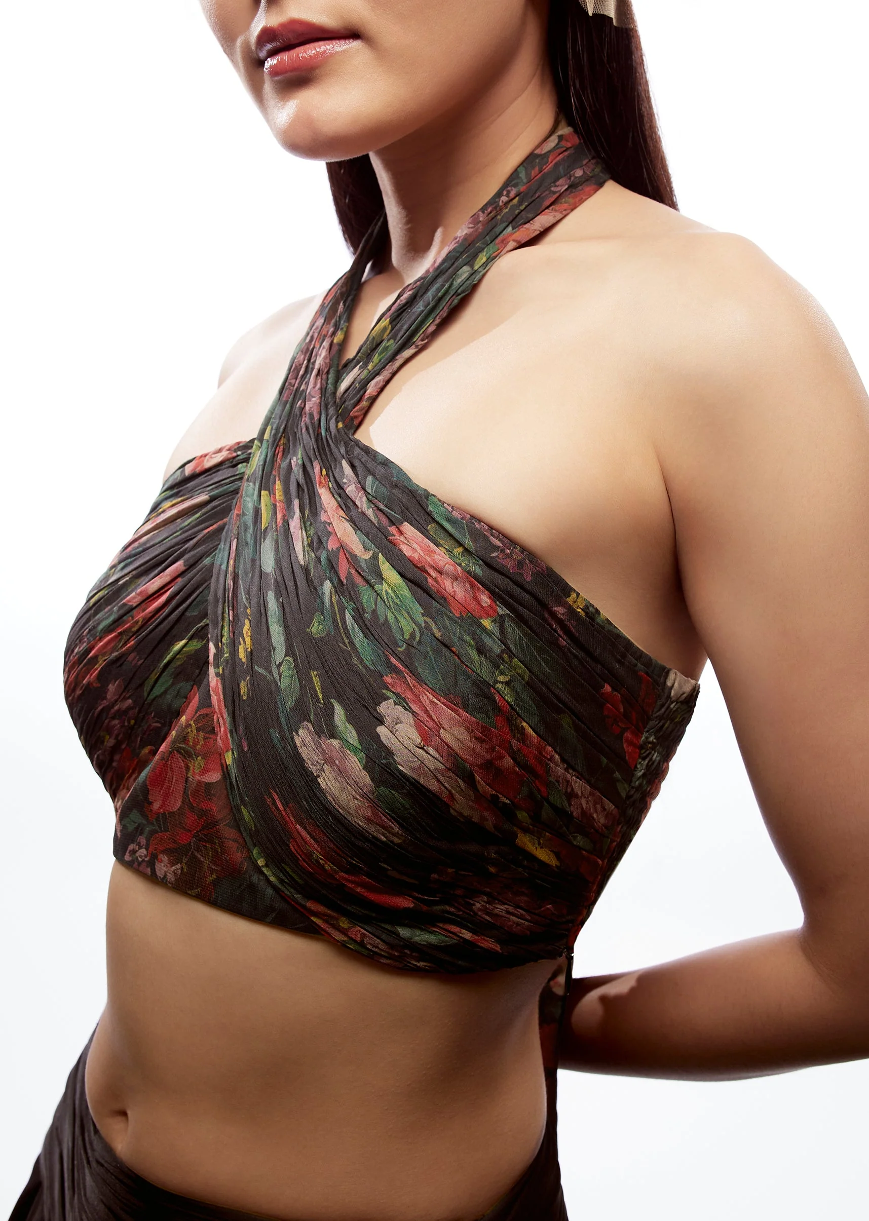 Black Floral Printed Pleated Halter Neck Blouse - Image 3