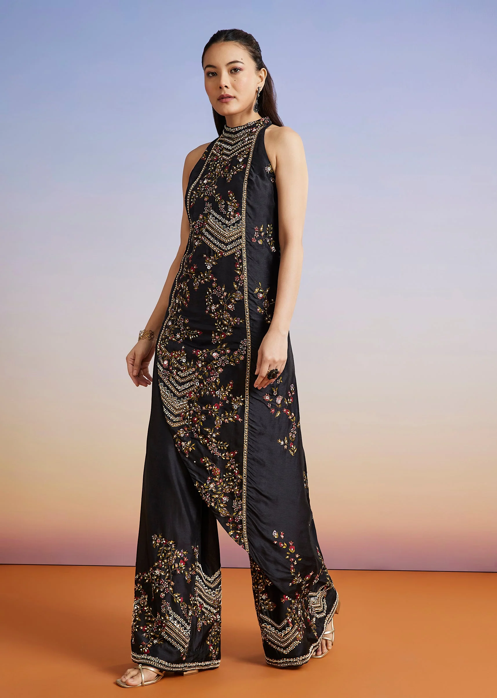 Black Floral Printed Silk Blend Co-ord Set - Image 3