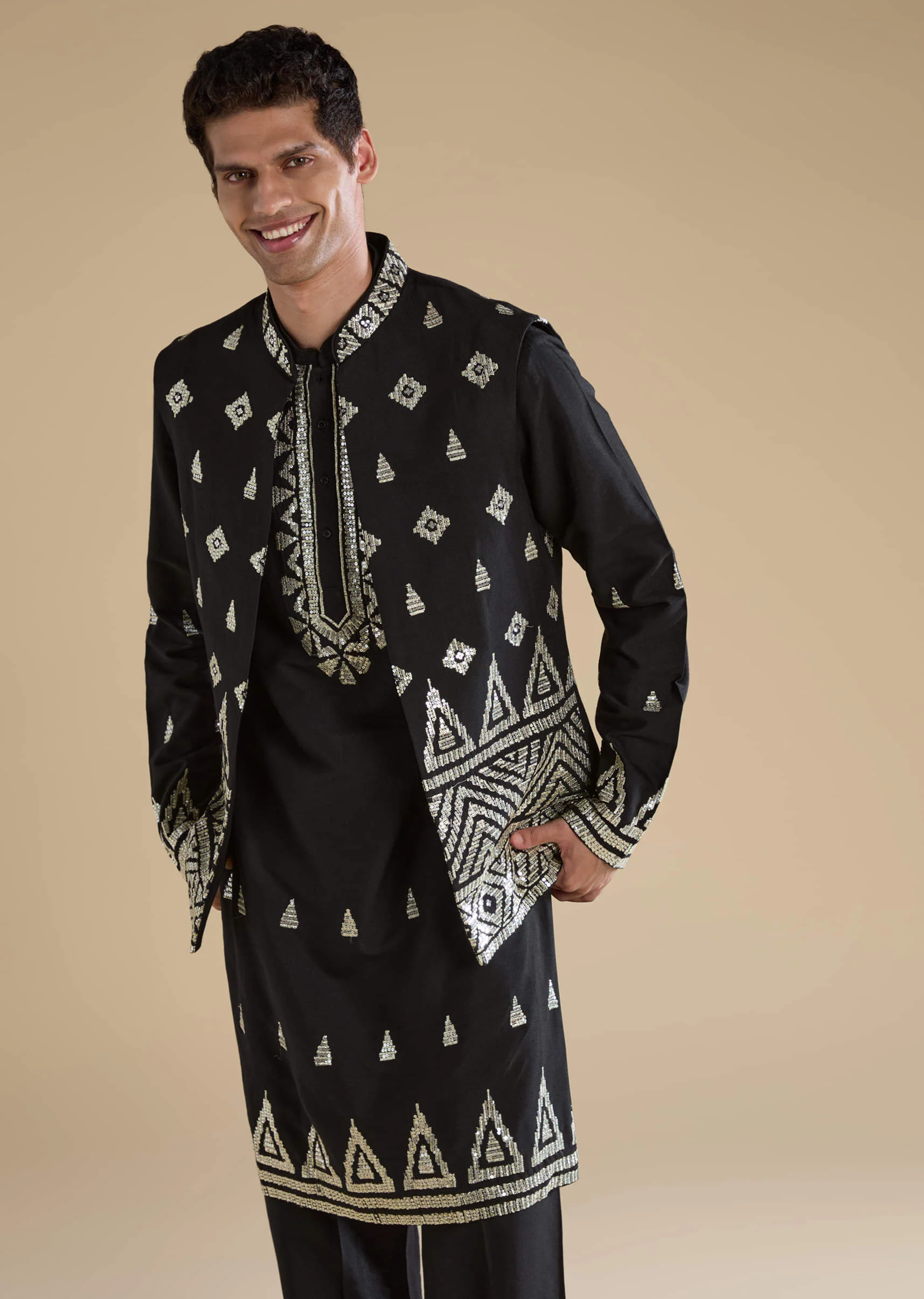 Black Foil Applique Mens Jacket Kurta and Pant Set - Image 4