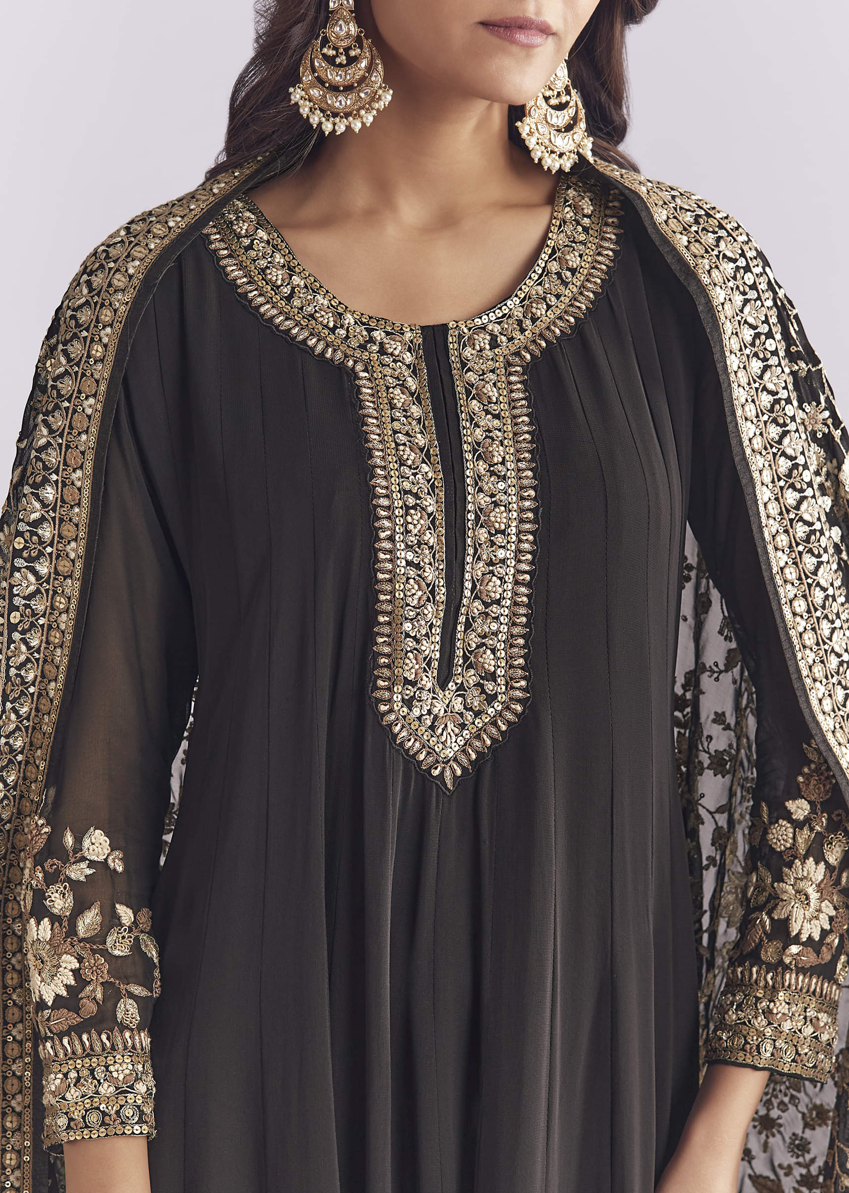 Black Georgette Anarkali Suit With Thread And Sequins Work - Image 2