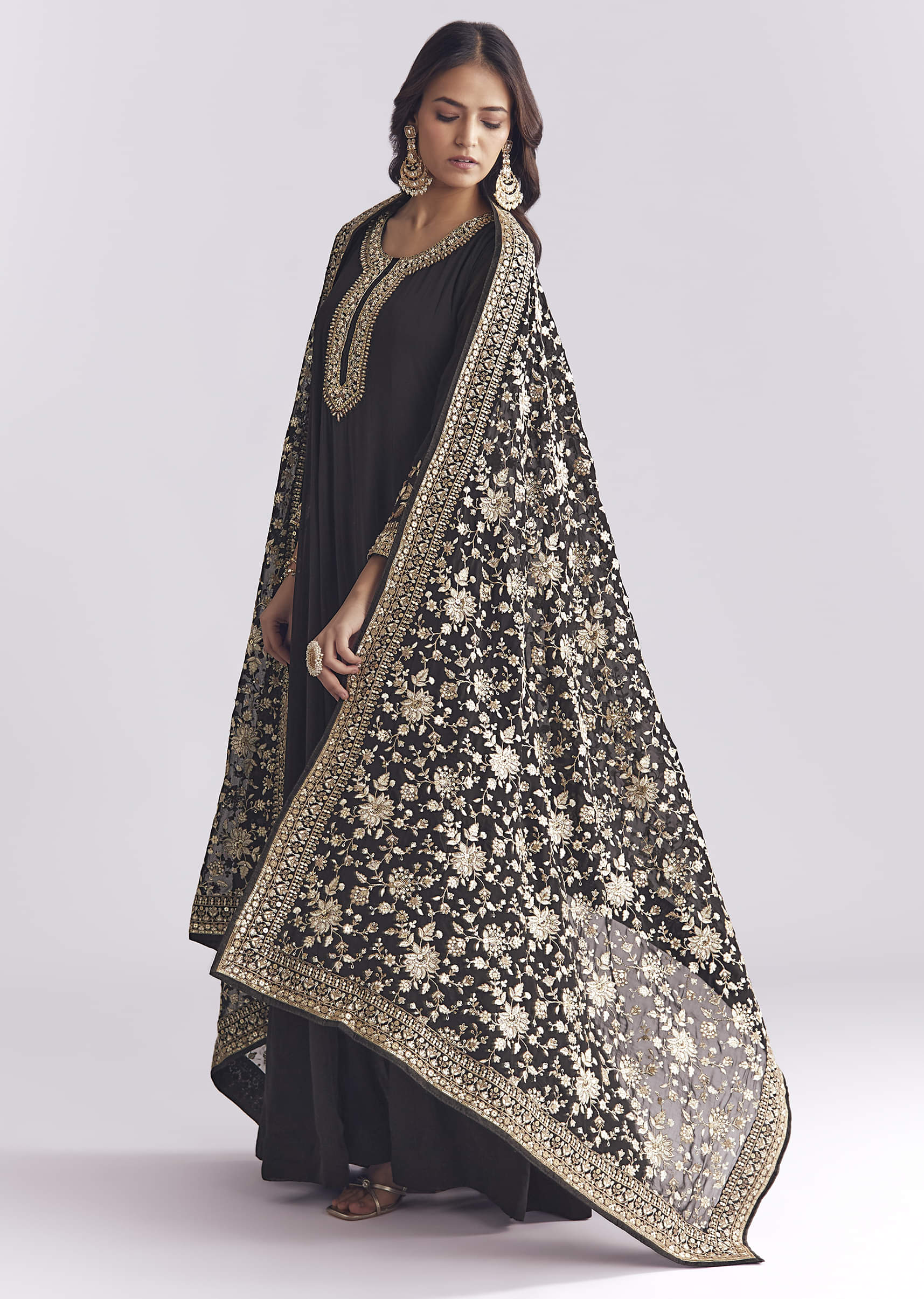 Black Georgette Anarkali Suit With Thread And Sequins Work - Image 3