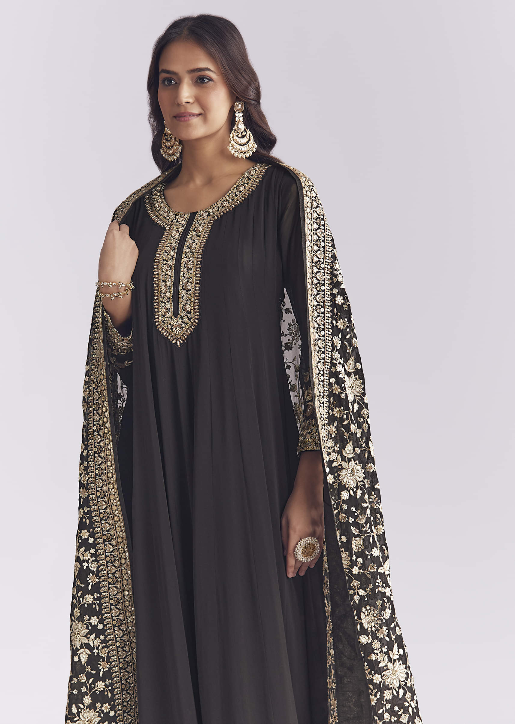 Black Georgette Anarkali Suit With Thread And Sequins Work - Image 4