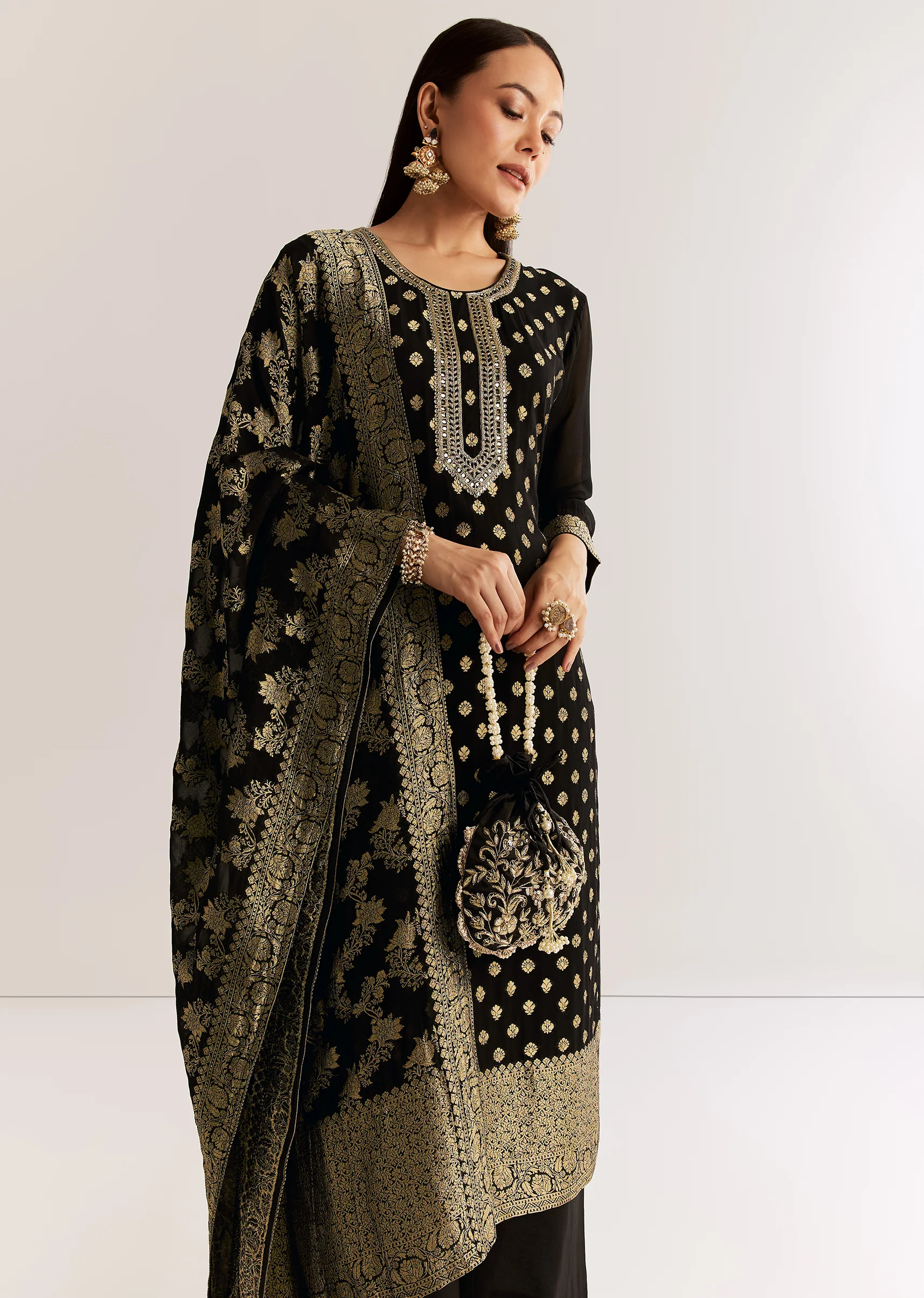 Black Georgette Banarasi Kurta Set With Mirror And Cutdana Neckline - Image 3