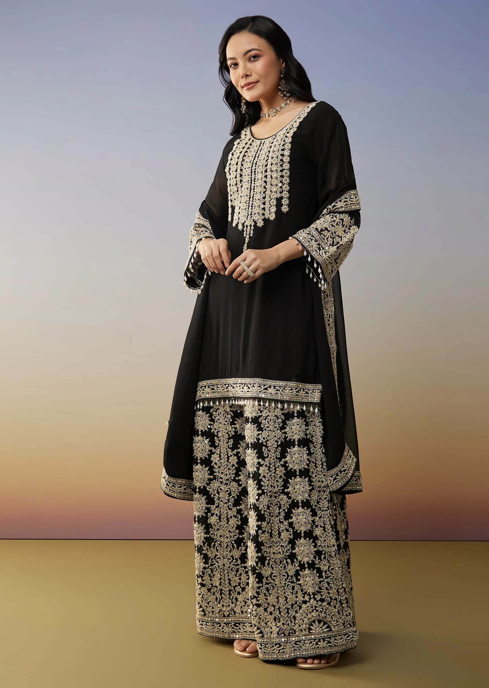 Black Georgette Palazzo Suits with Zari Work - Image 3
