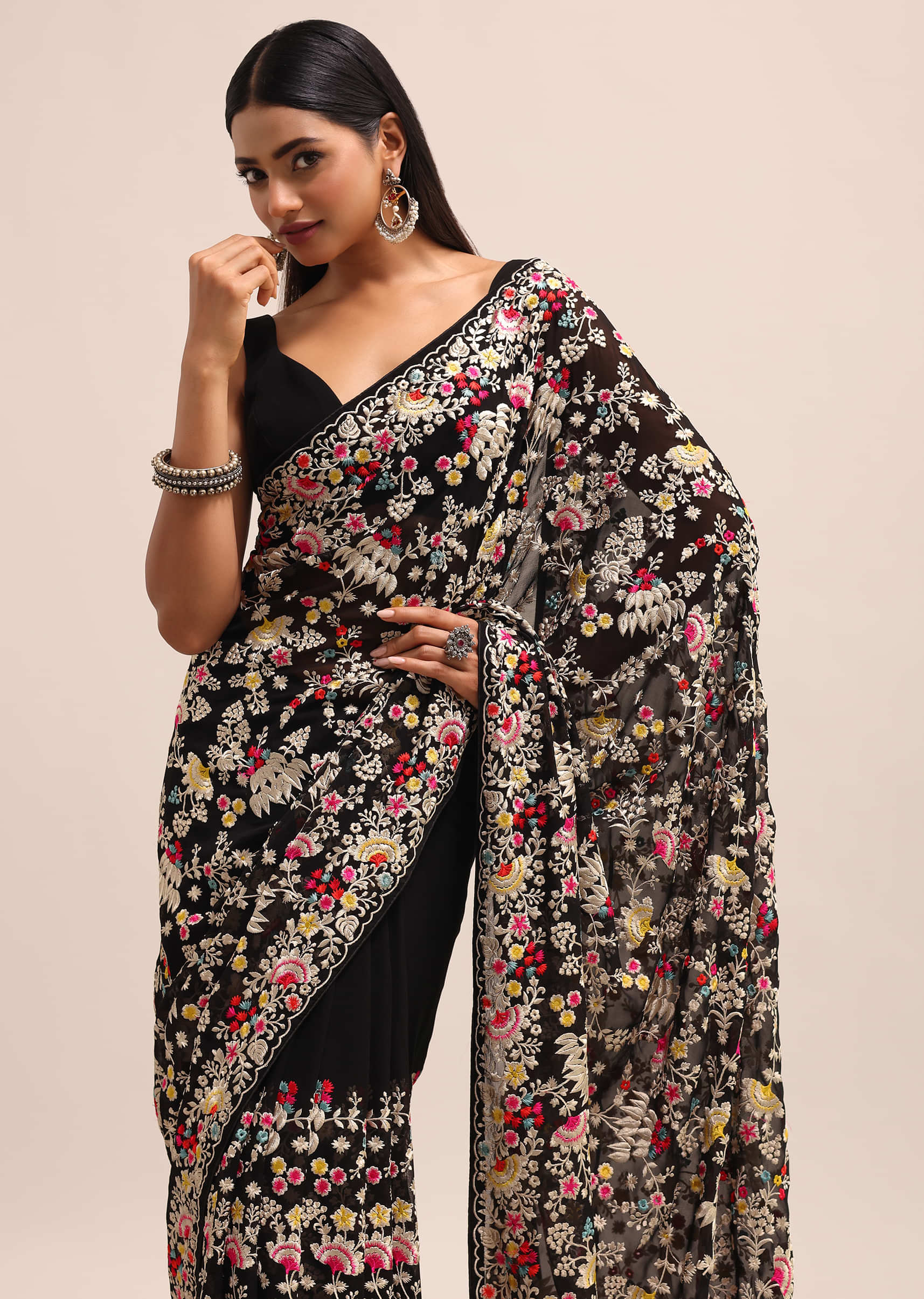 Black Georgette Parsi Gara Multi Color Saree With Unstitched Blouse - Image 5
