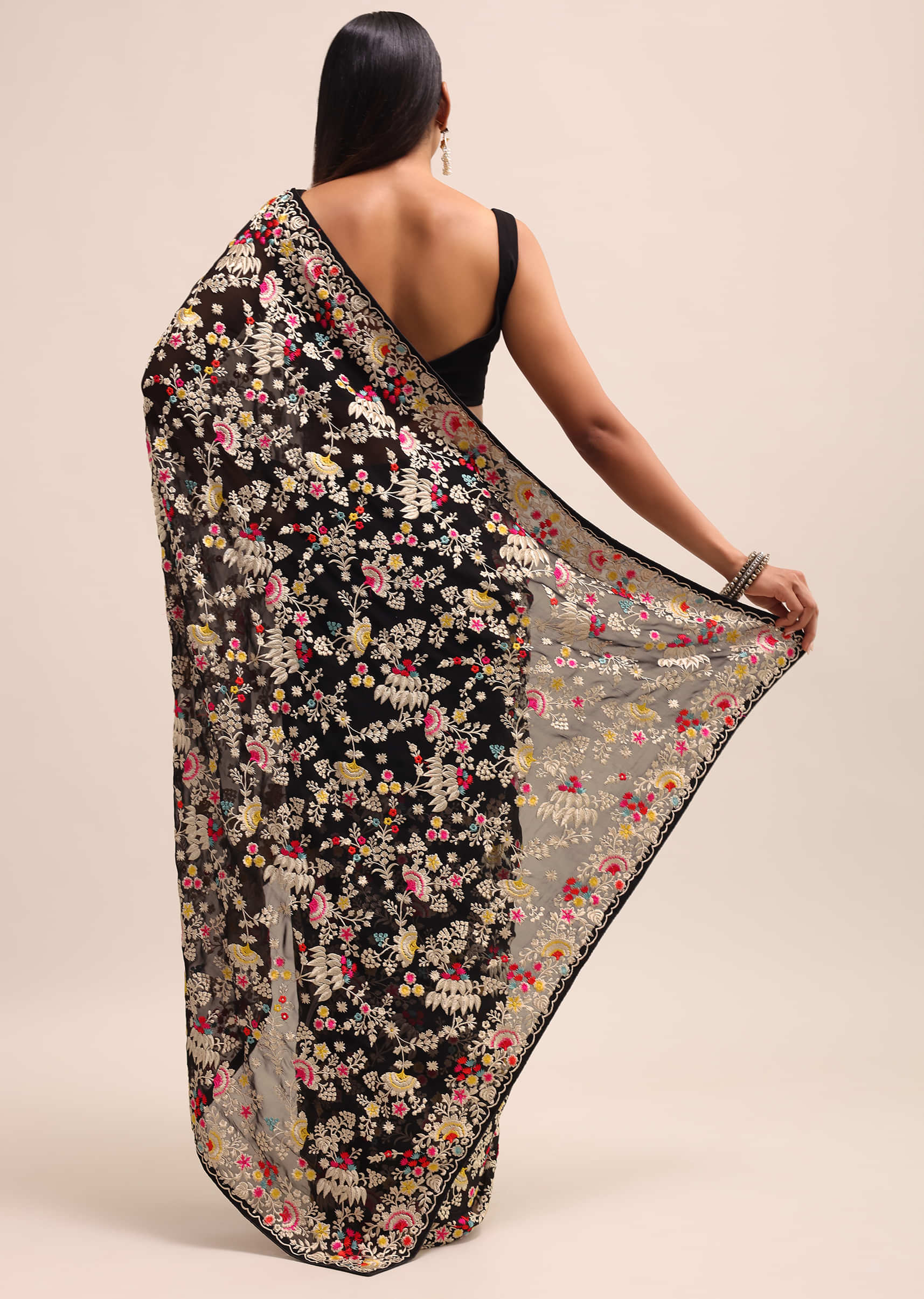 Black Georgette Parsi Gara Multi Color Saree With Unstitched Blouse - Image 6
