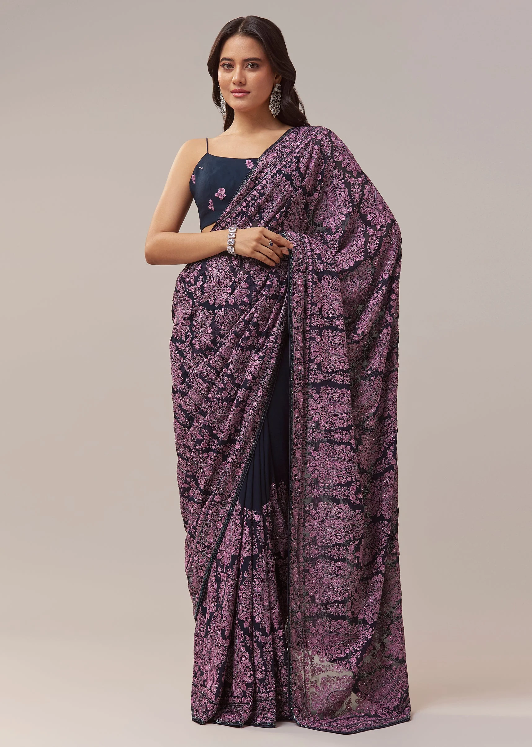 Black Georgette Saree With Kashmiri Kashida Embroidery And Cutdana Border