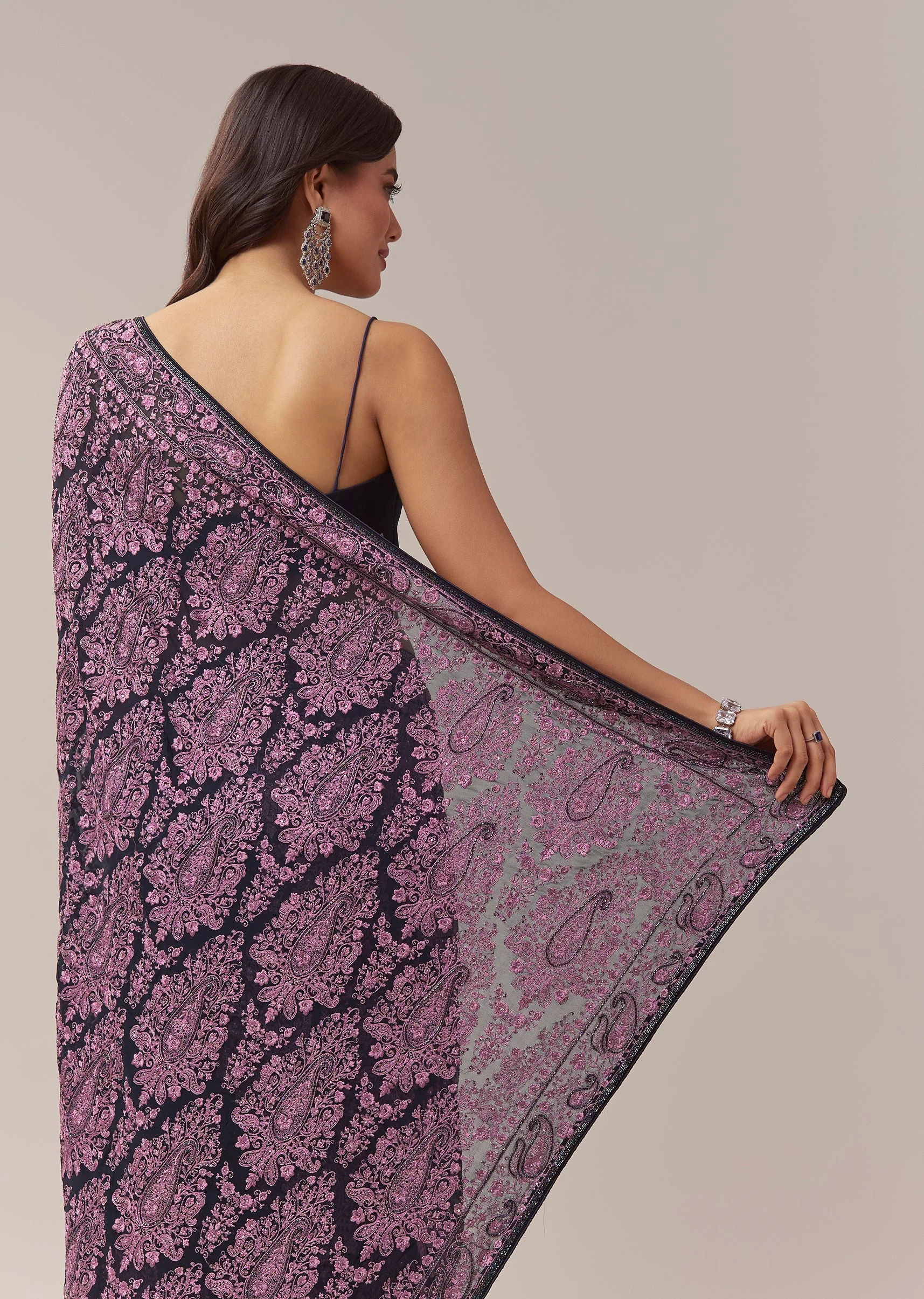 Black Georgette Saree With Kashmiri Kashida Embroidery And Cutdana Border - Image 6