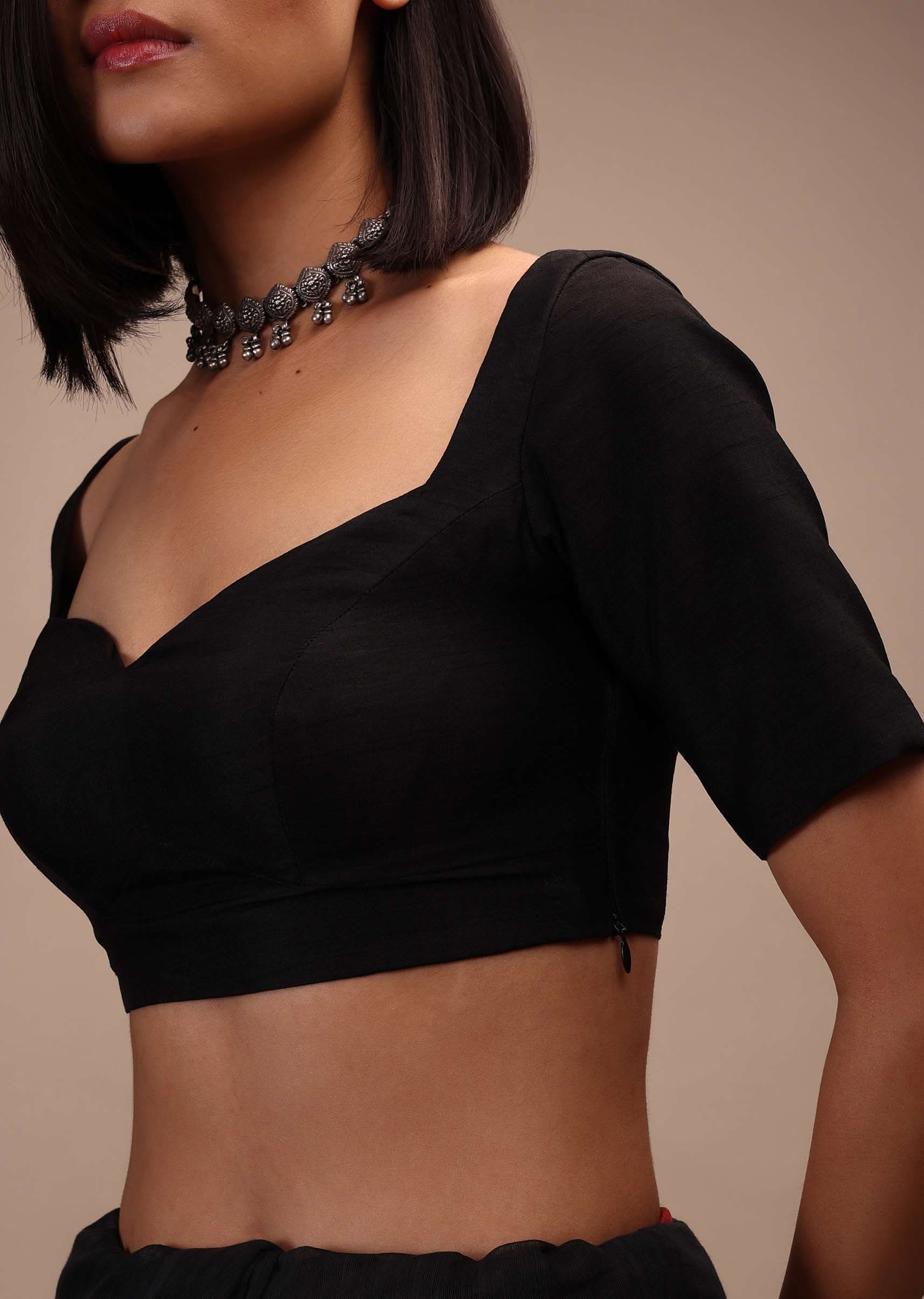 Black Half Sleeves Blouse Ina Sweetheart Neckline Straight Hemline With Back Zip Closure - Image 3