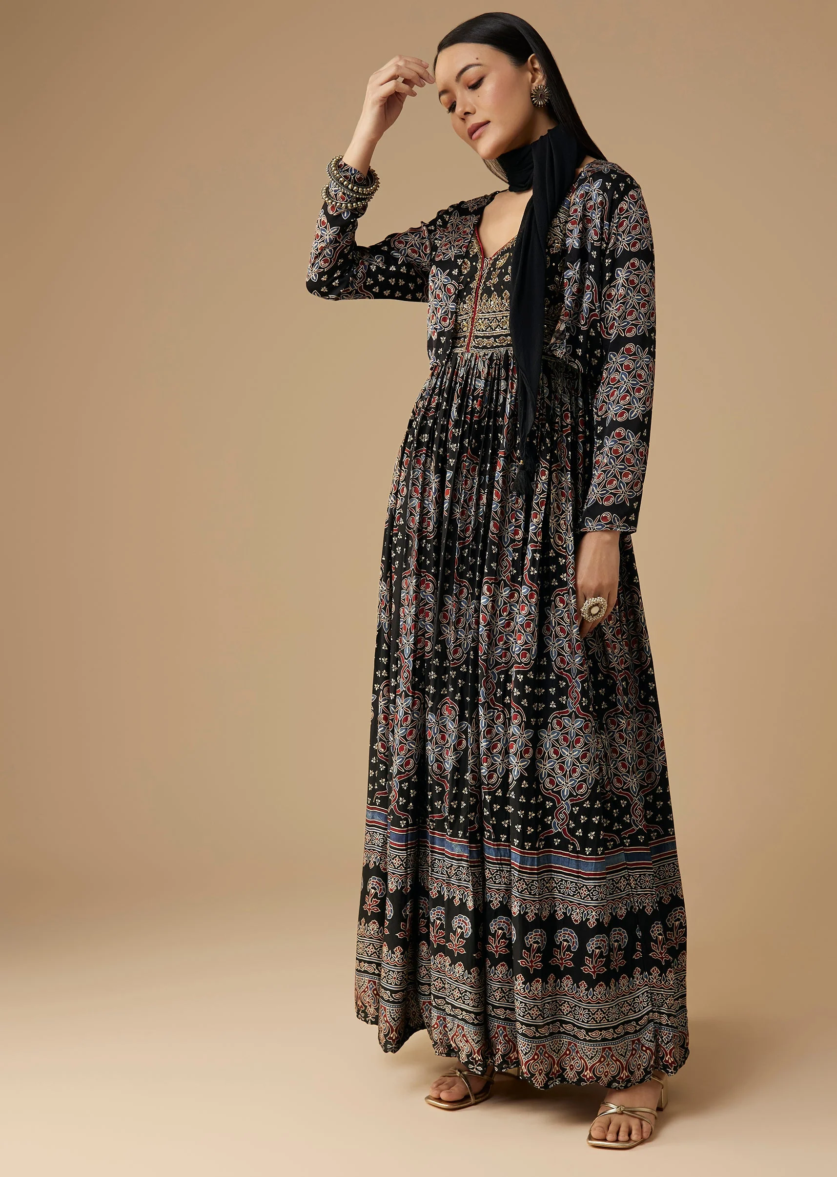 Black Hand Dyed Ajrakh Gown Set with Jacket and Scarf - Image 3