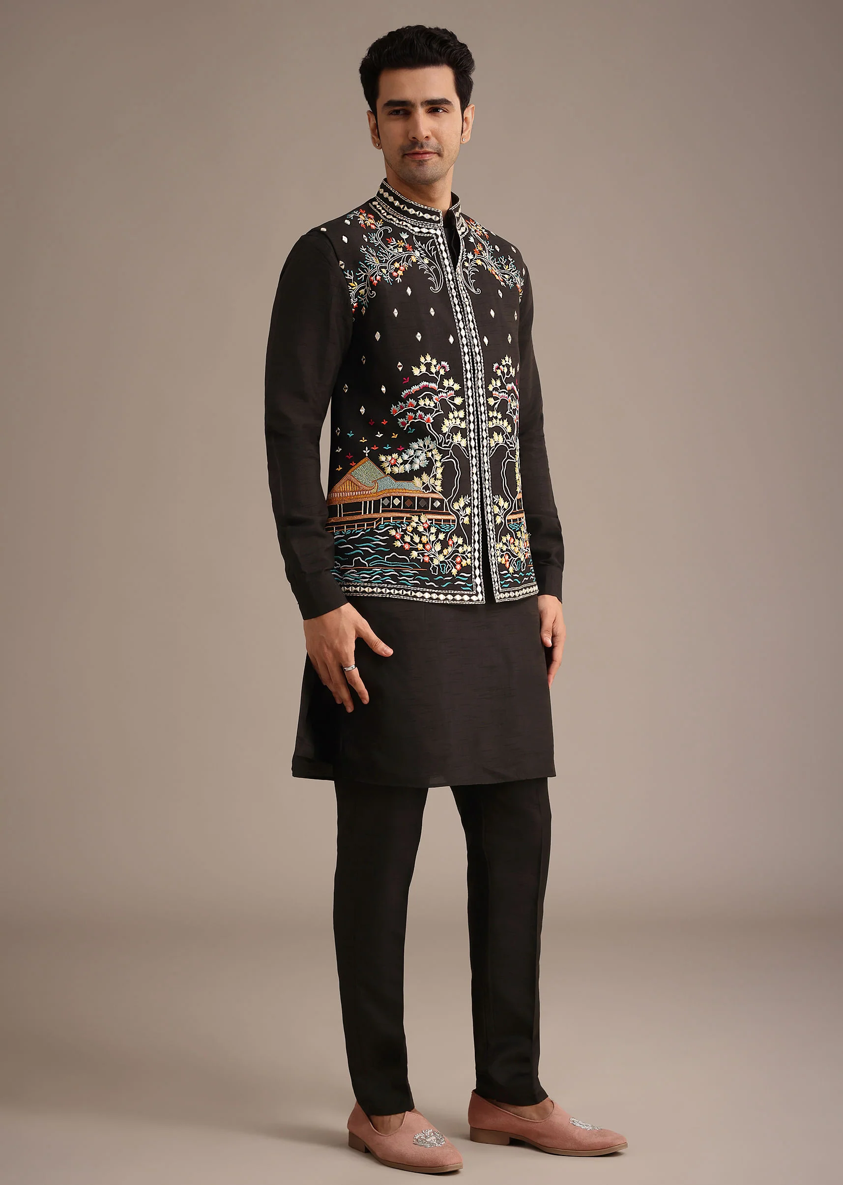 Black Hand Embellished Mirror Work Jacket And Kurta Set In Silk - Image 3