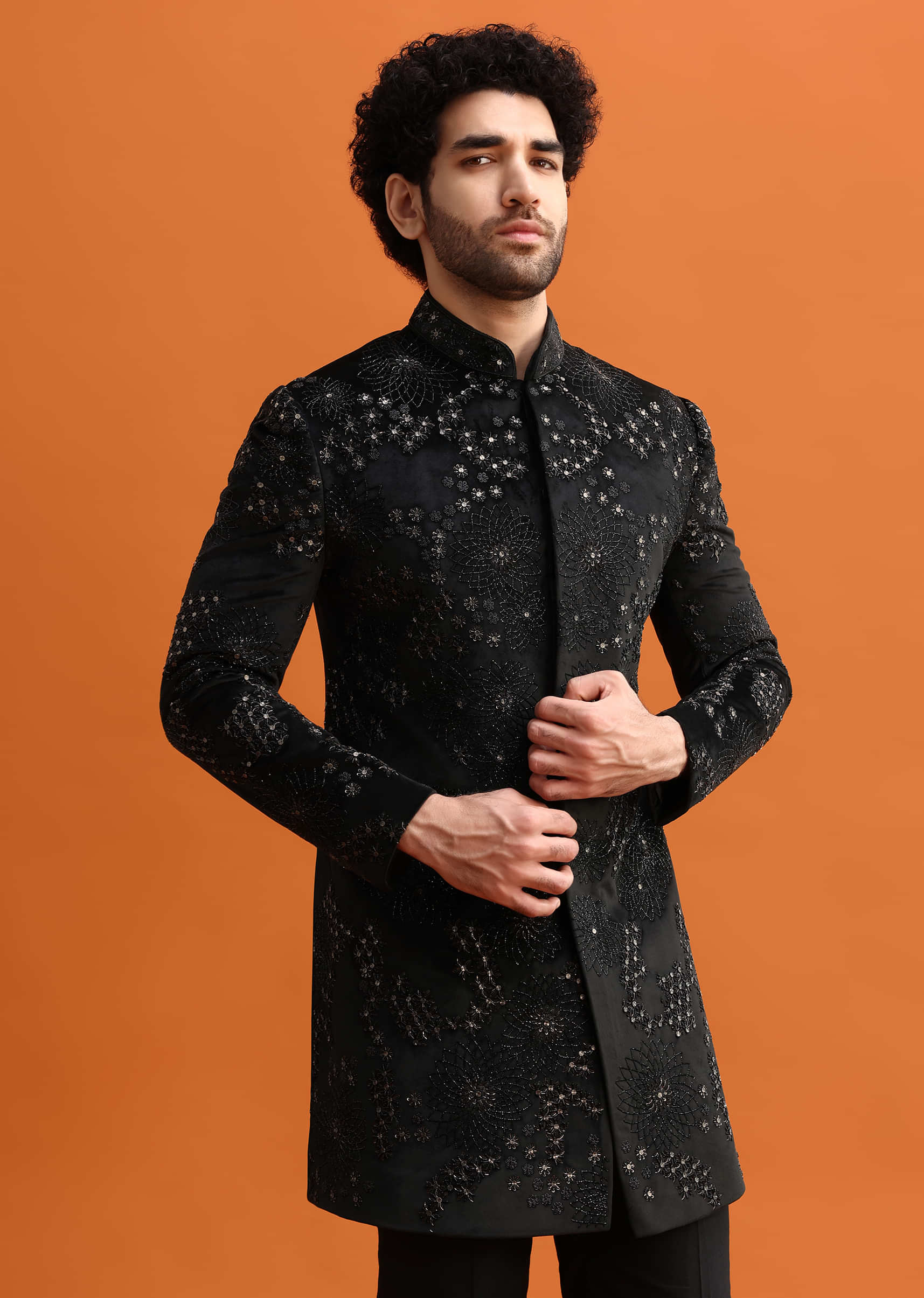 Black Hand Embroidered Velvet Indowestern Set For Men - Image 5