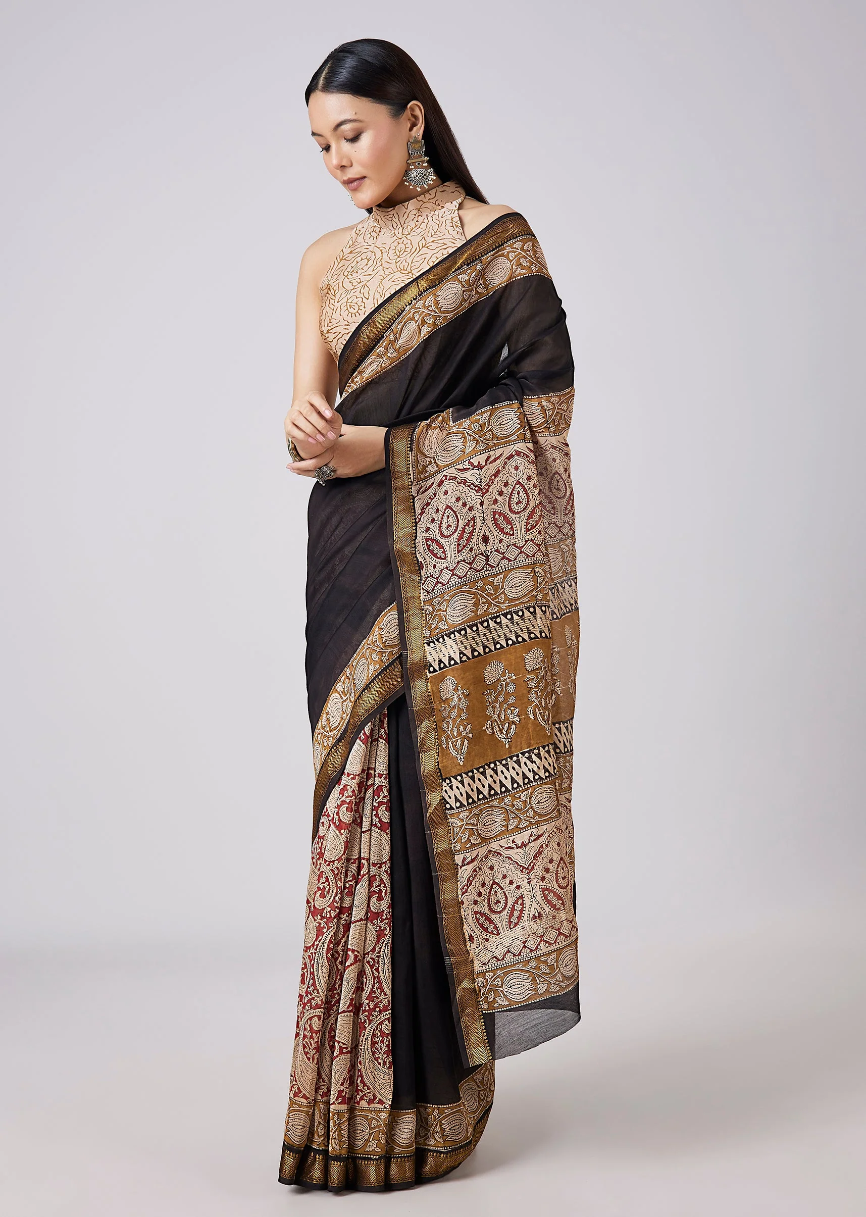 Black Hand Painted Saree with Blouse - Image 3