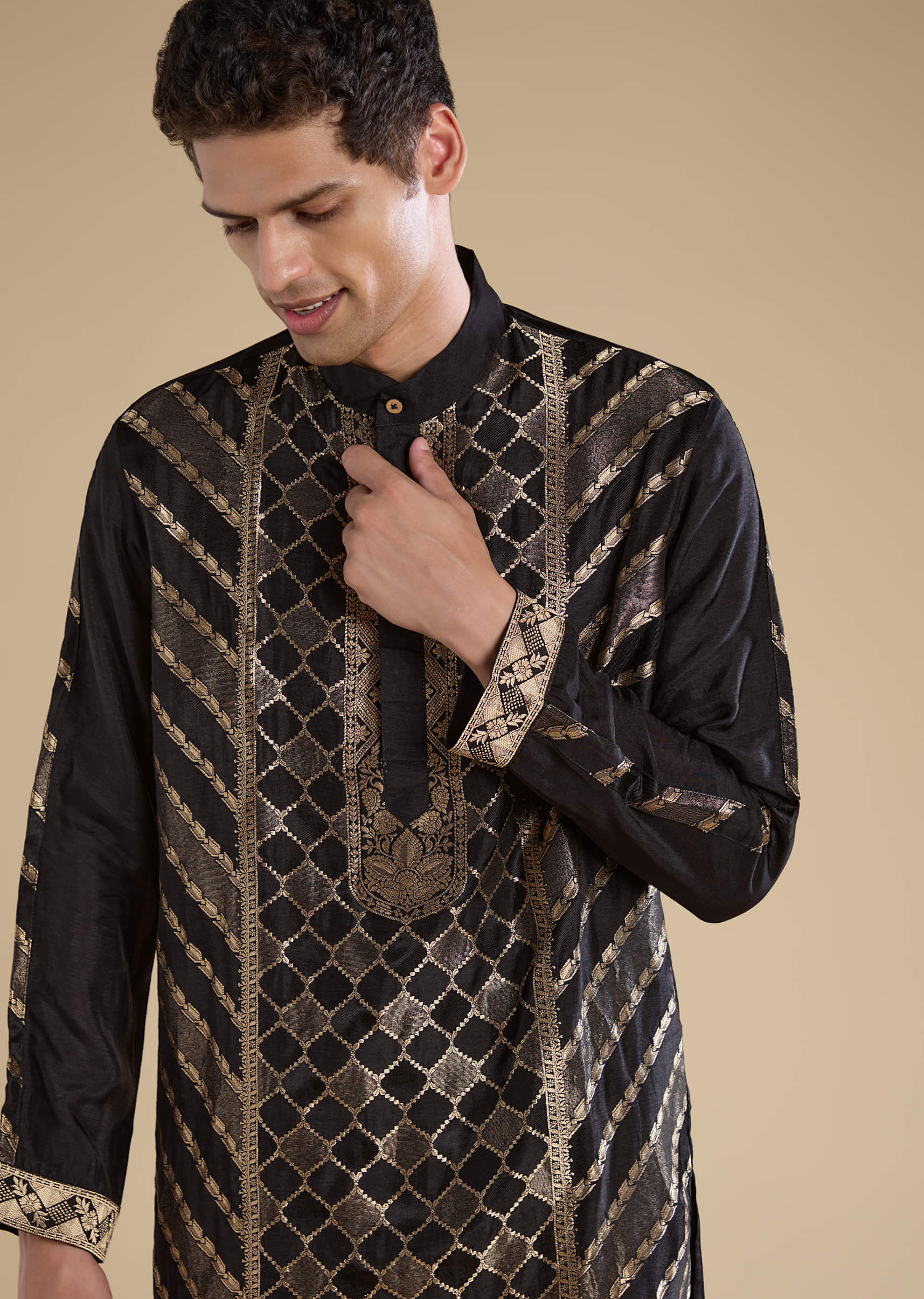 Black Handwoven Jacquard Silk Mens Kurta Pant Set - Image 2