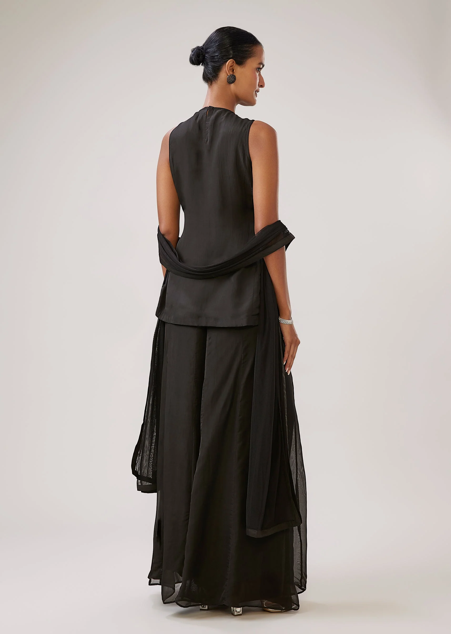 Black Illusion Neck Thread Work Palazzo Set With Dupatta - Image 5