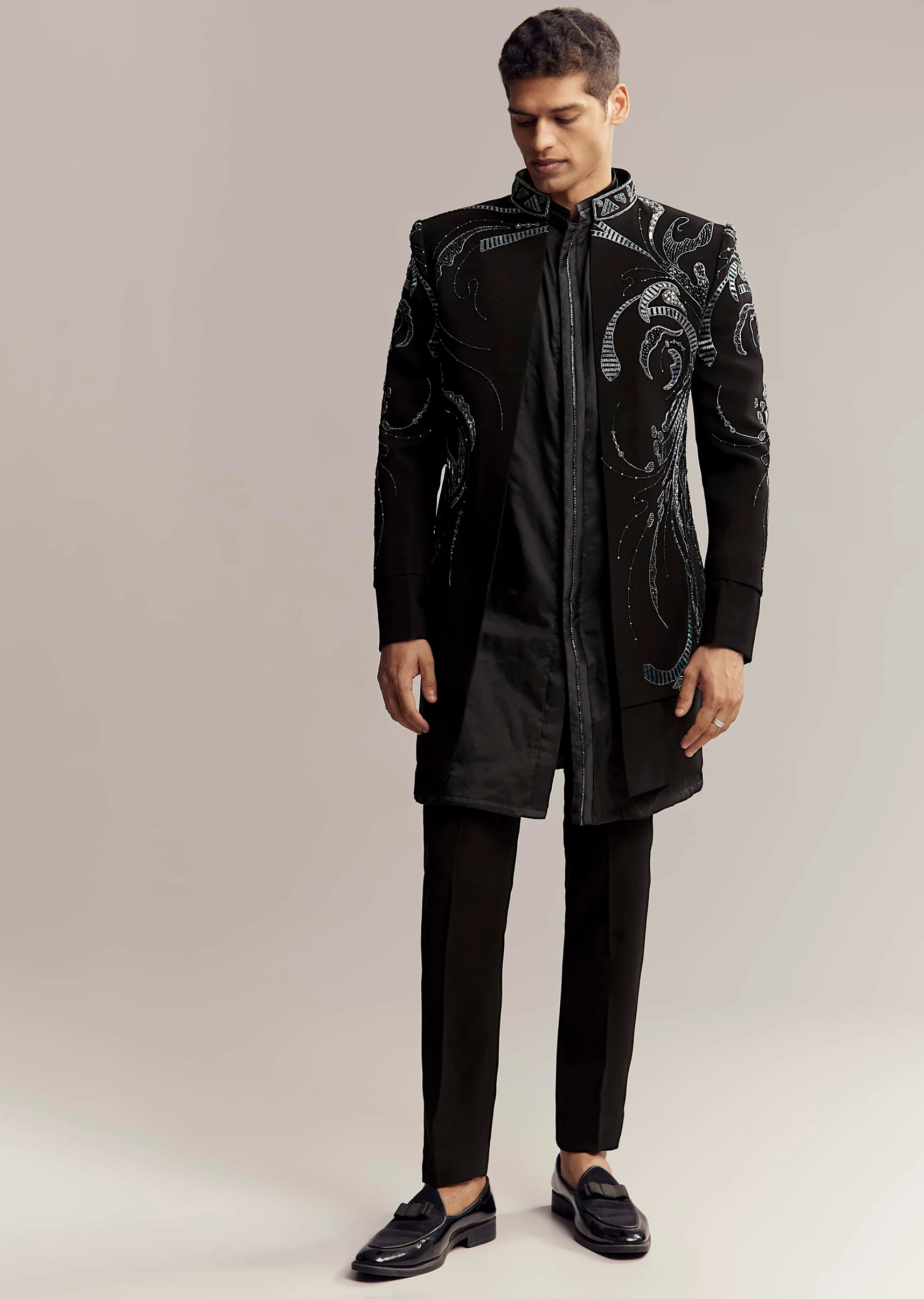 Black Imported Organza Indo Western For Men With Heavy Embroidery