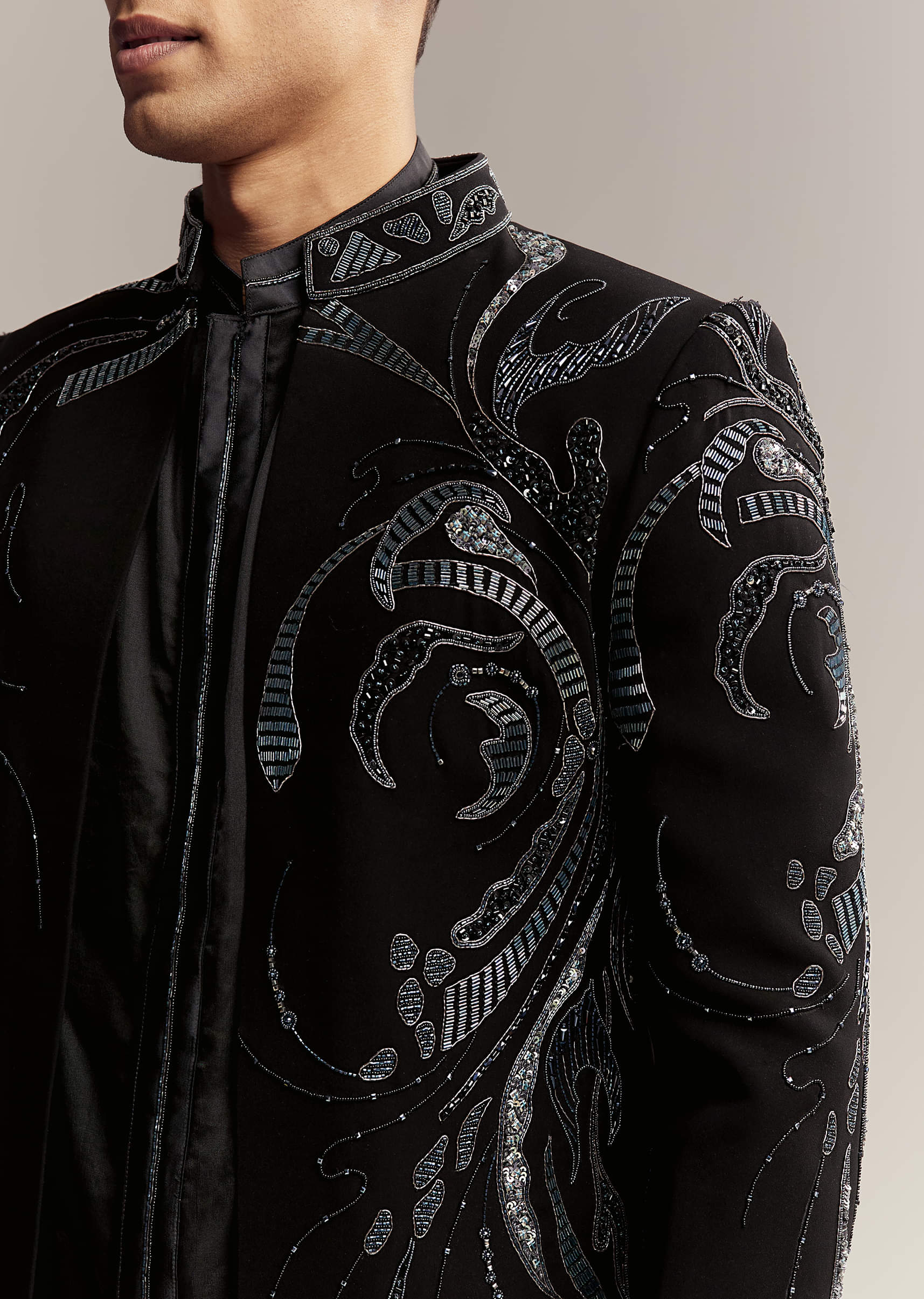 Black Imported Organza Indo Western For Men With Heavy Embroidery - Image 2