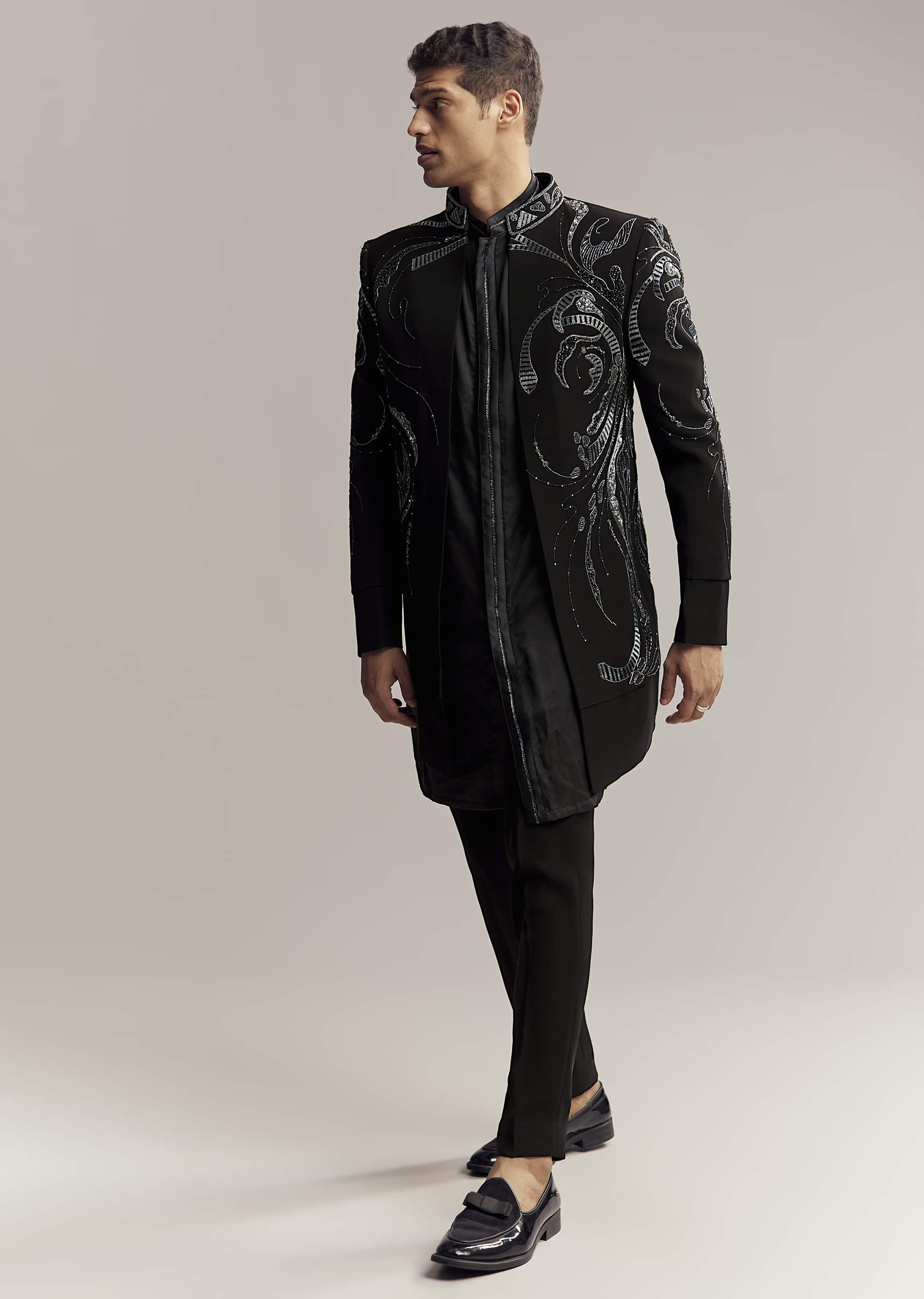 Black Imported Organza Indo Western For Men With Heavy Embroidery - Image 3