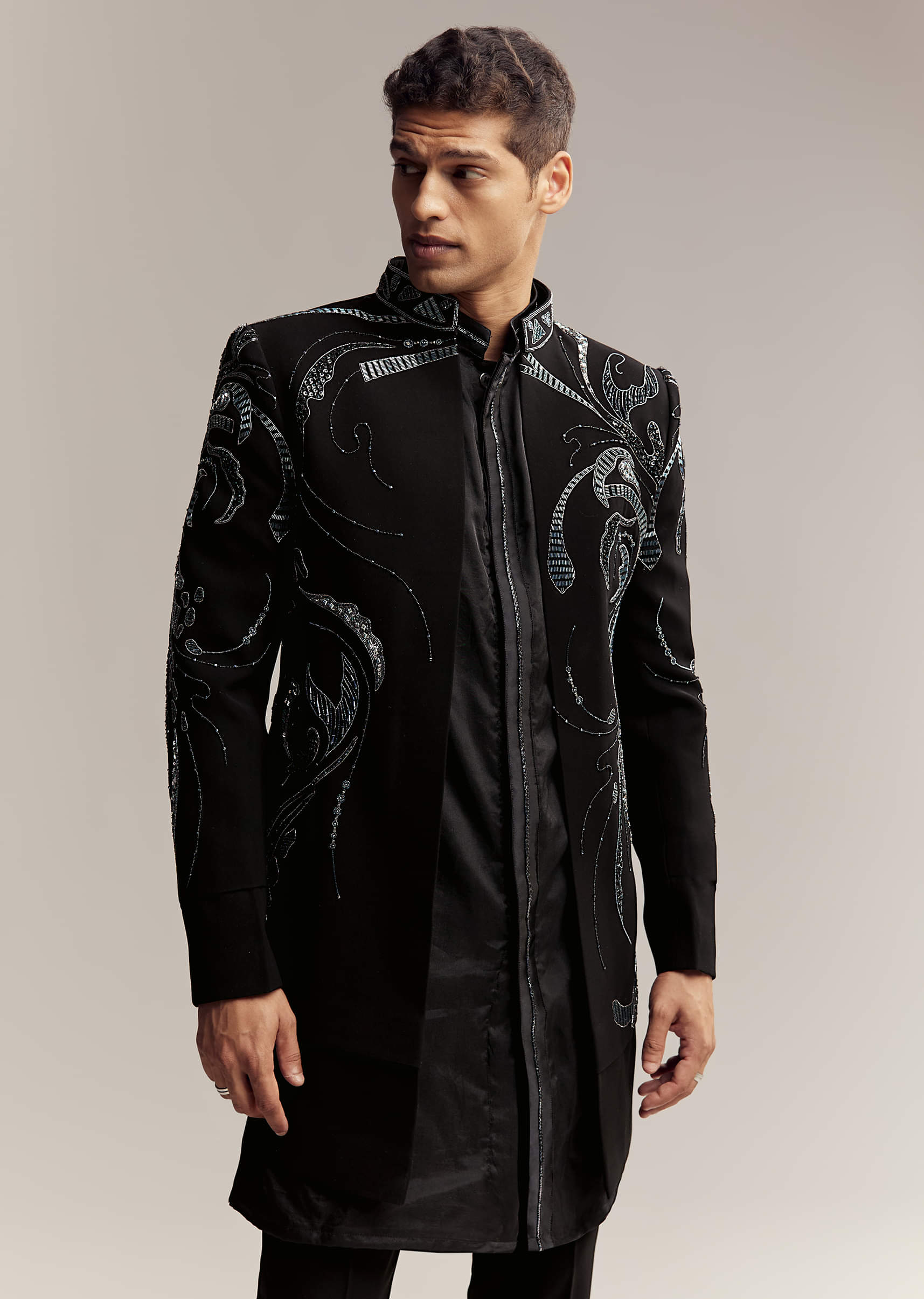 Black Imported Organza Indo Western For Men With Heavy Embroidery - Image 4