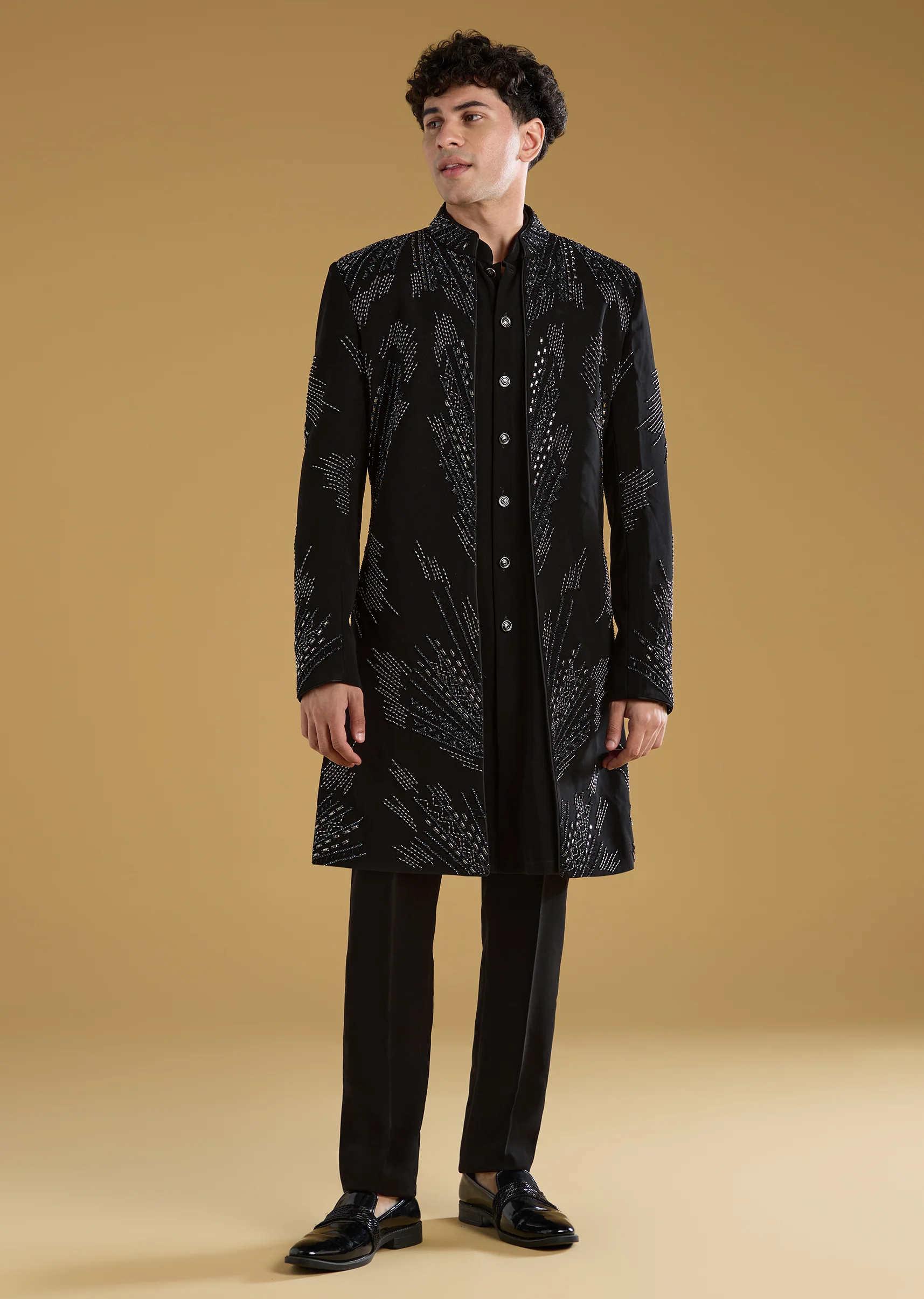 Black Indo Western Set For Men With Beads Work