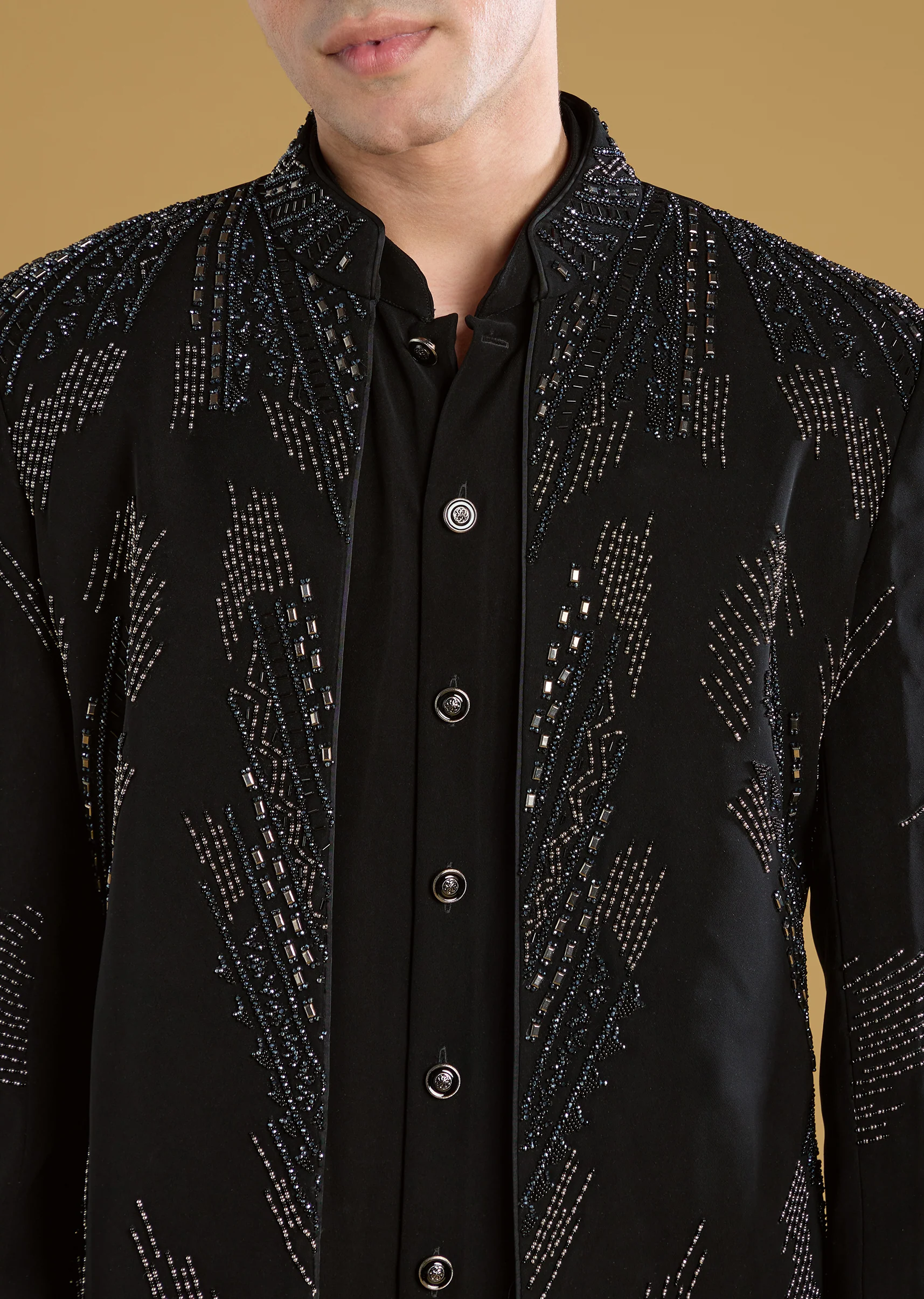 Black Indo Western Set For Men With Beads Work - Image 2