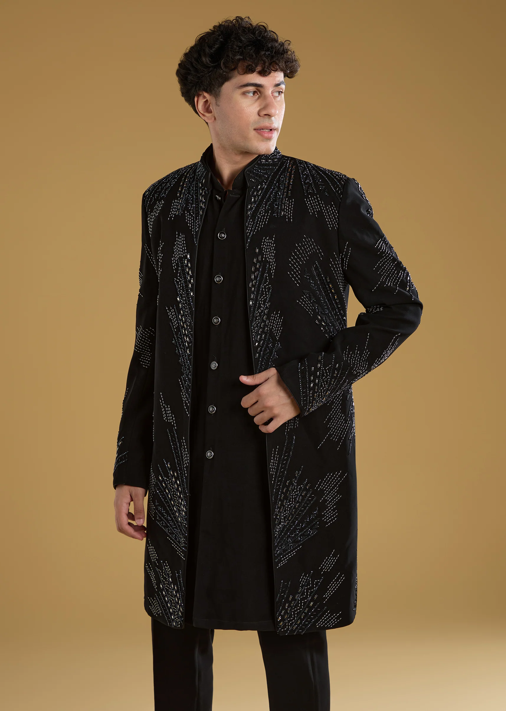 Black Indo Western Set For Men With Beads Work - Image 4