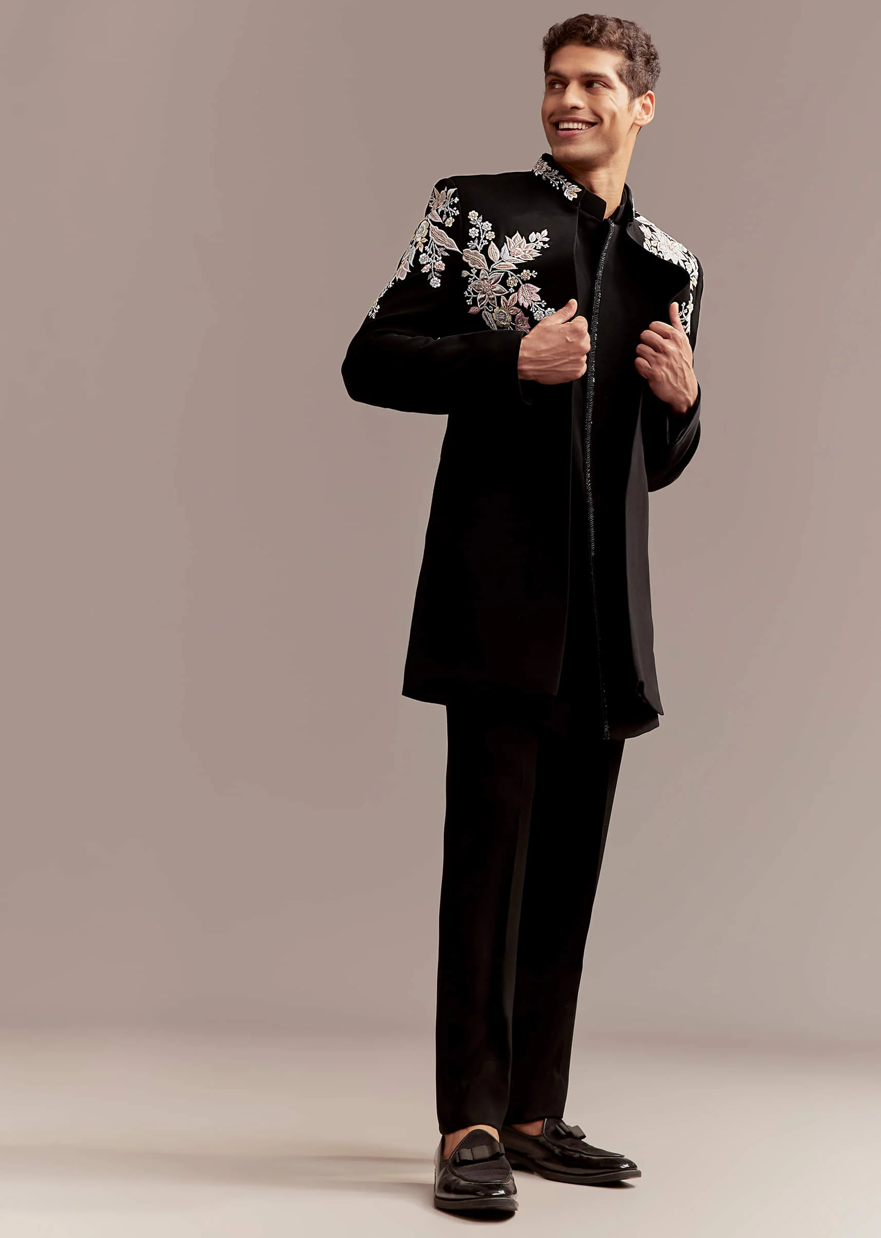 Black Indo Western Set For Men With Multicolour Embroidery - Image 3