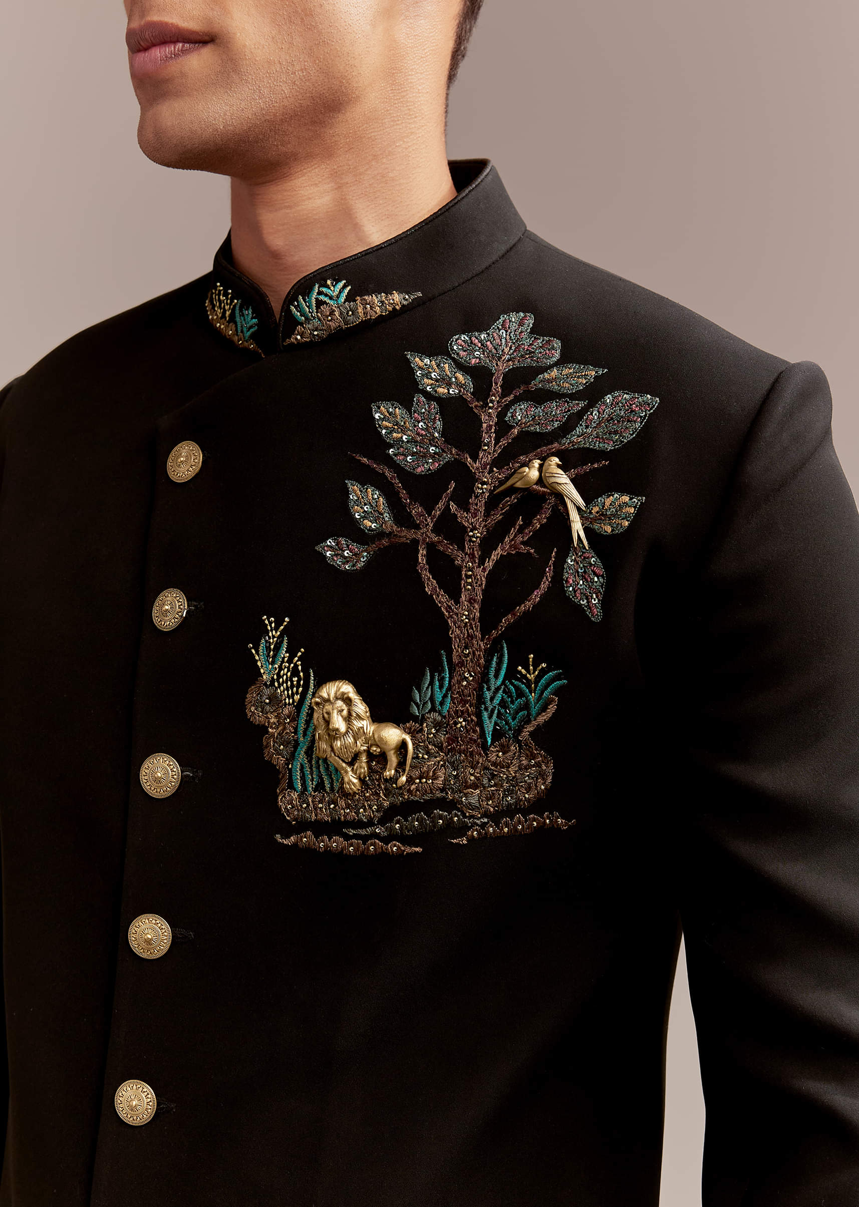 Black Indo Western Set For Men With Nawabi Brooch And Embroidery - Image 2
