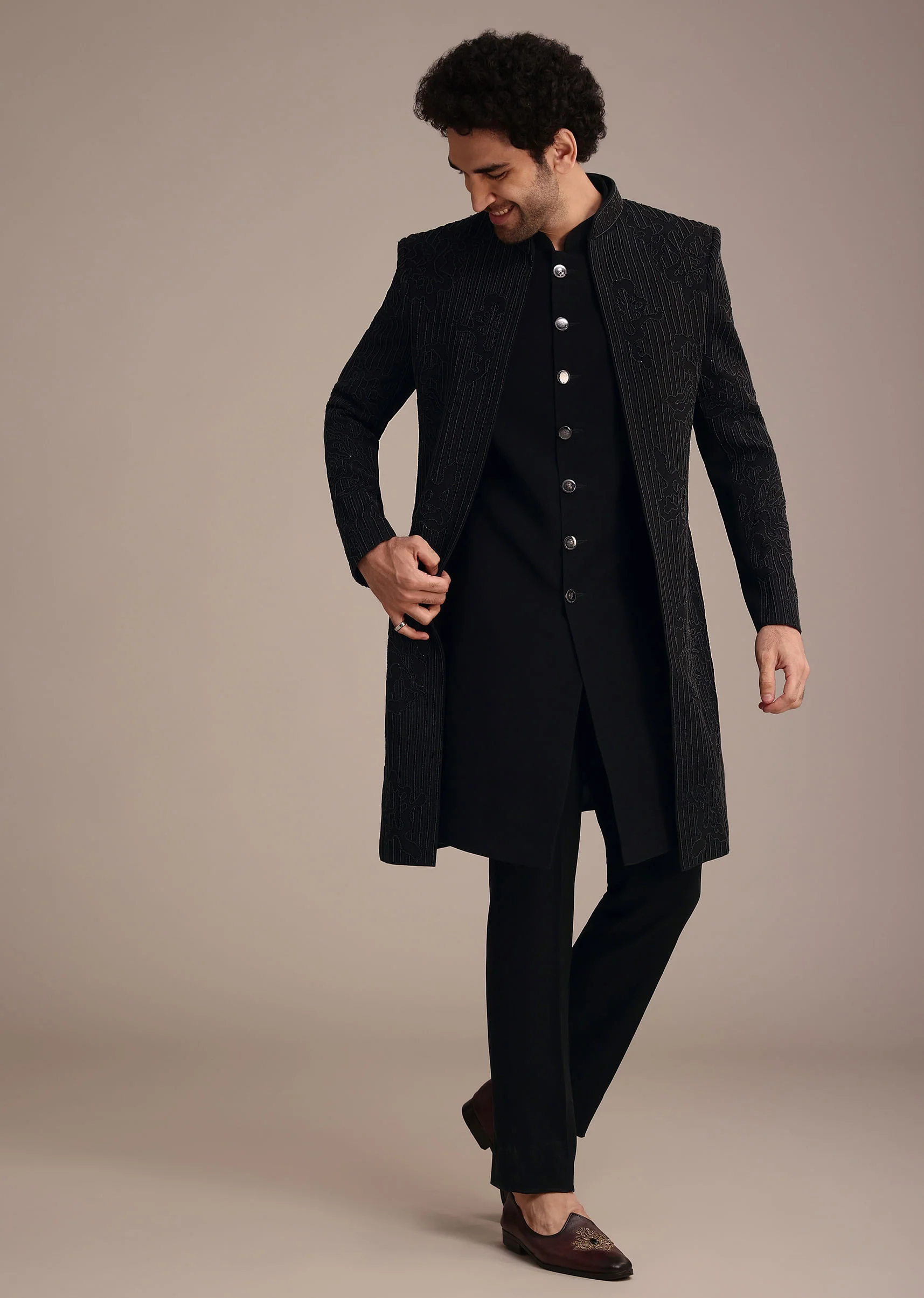 Black Indowestern Suit With Poth Work - Image 3