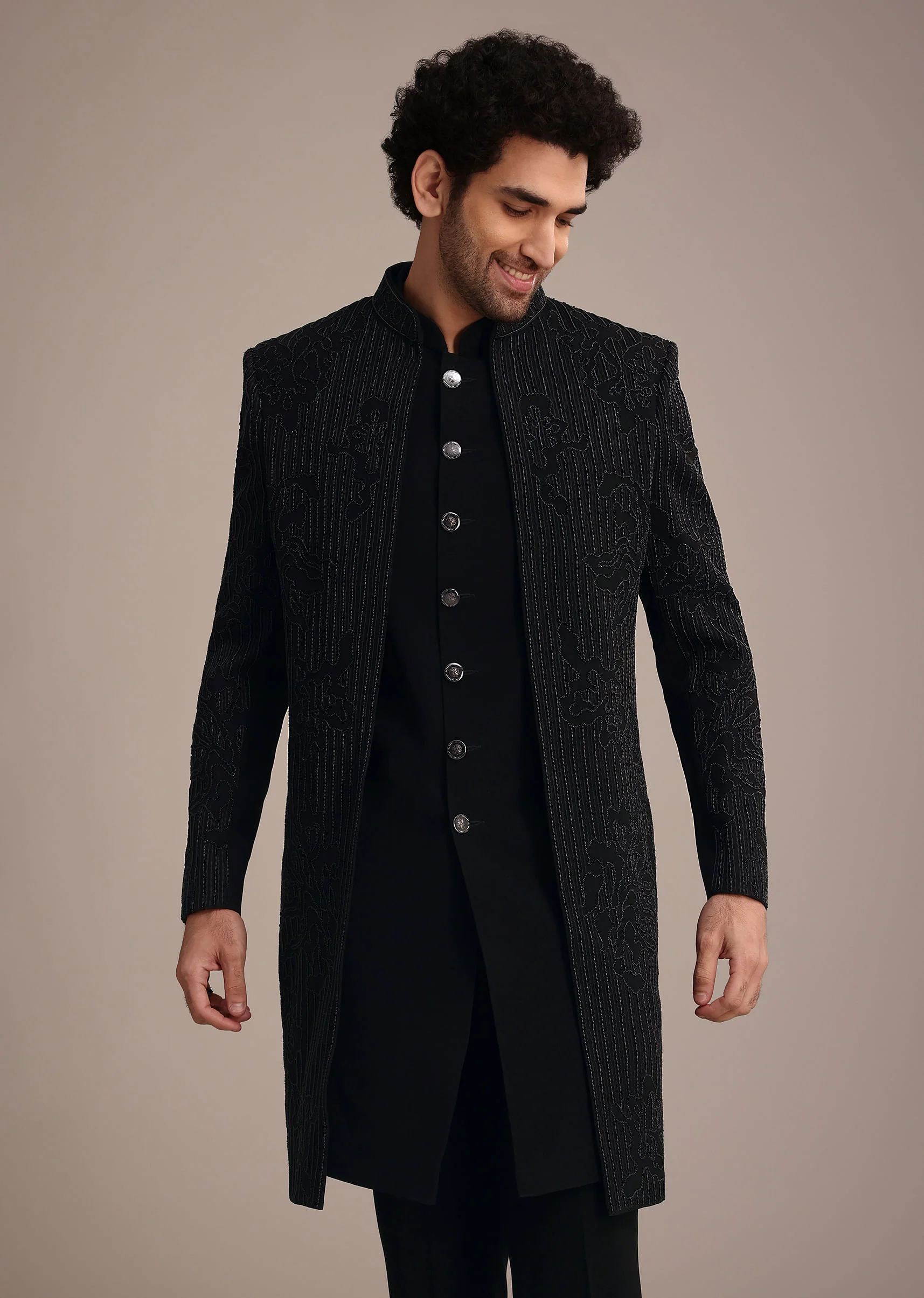 Black Indowestern Suit With Poth Work - Image 4