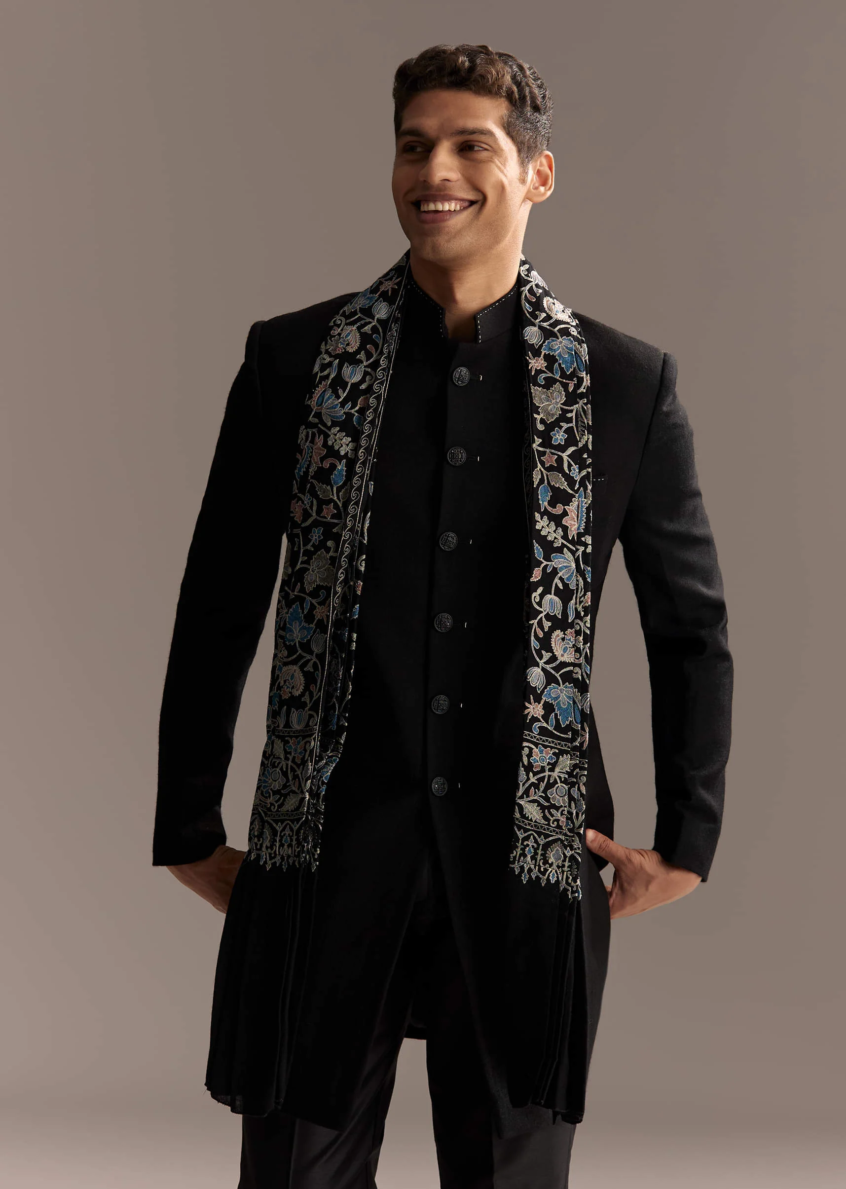 Black Jacquard Indo Western Set For Men With Embroidered Stole - Image 4