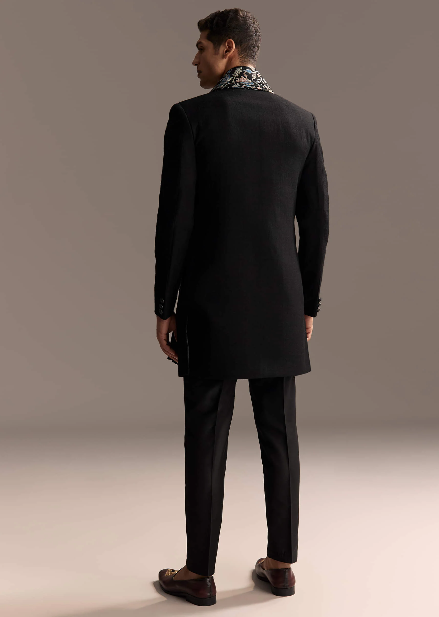 Black Jacquard Indo Western Set For Men With Embroidered Stole - Image 5