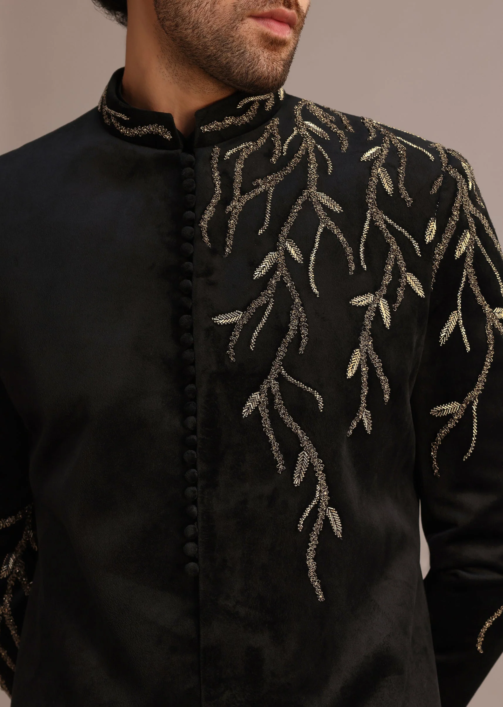Black Jacquard Indo Western Set with Zardozi Work - Image 2