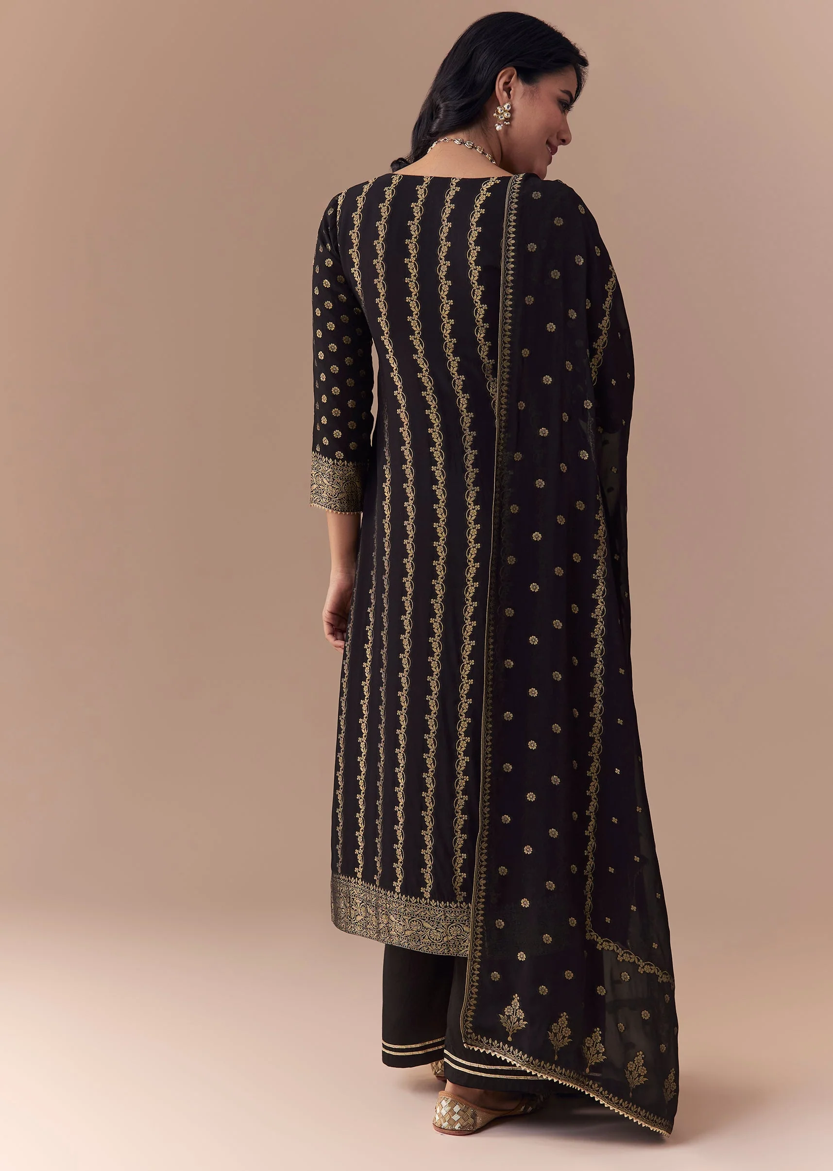 Black Jacquard Woven Gota Work Kurta Palazzo Set - Image 5