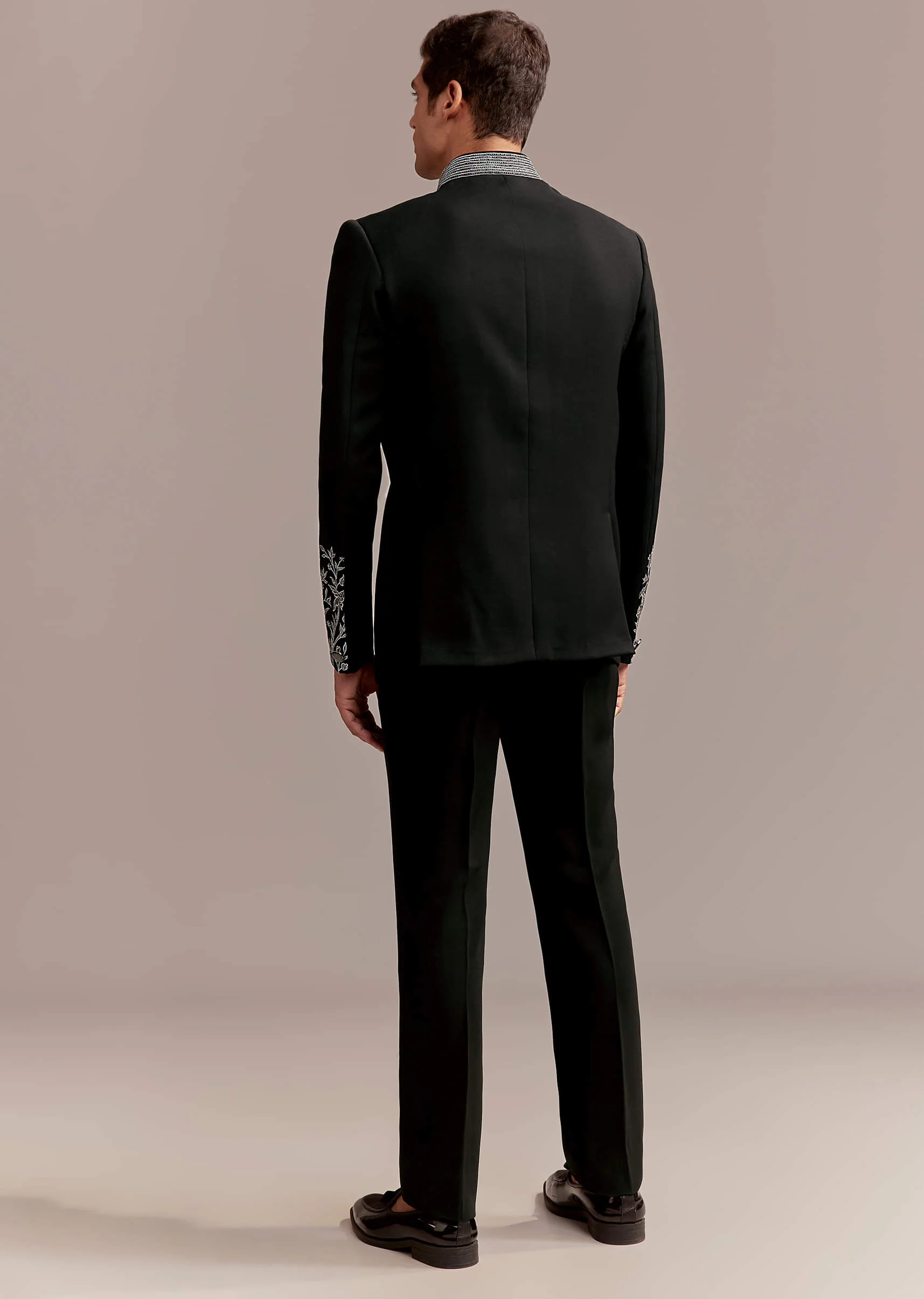 Black Jodhpuri Suit For Men With Silver Floral And Bird Embroidery - Image 6