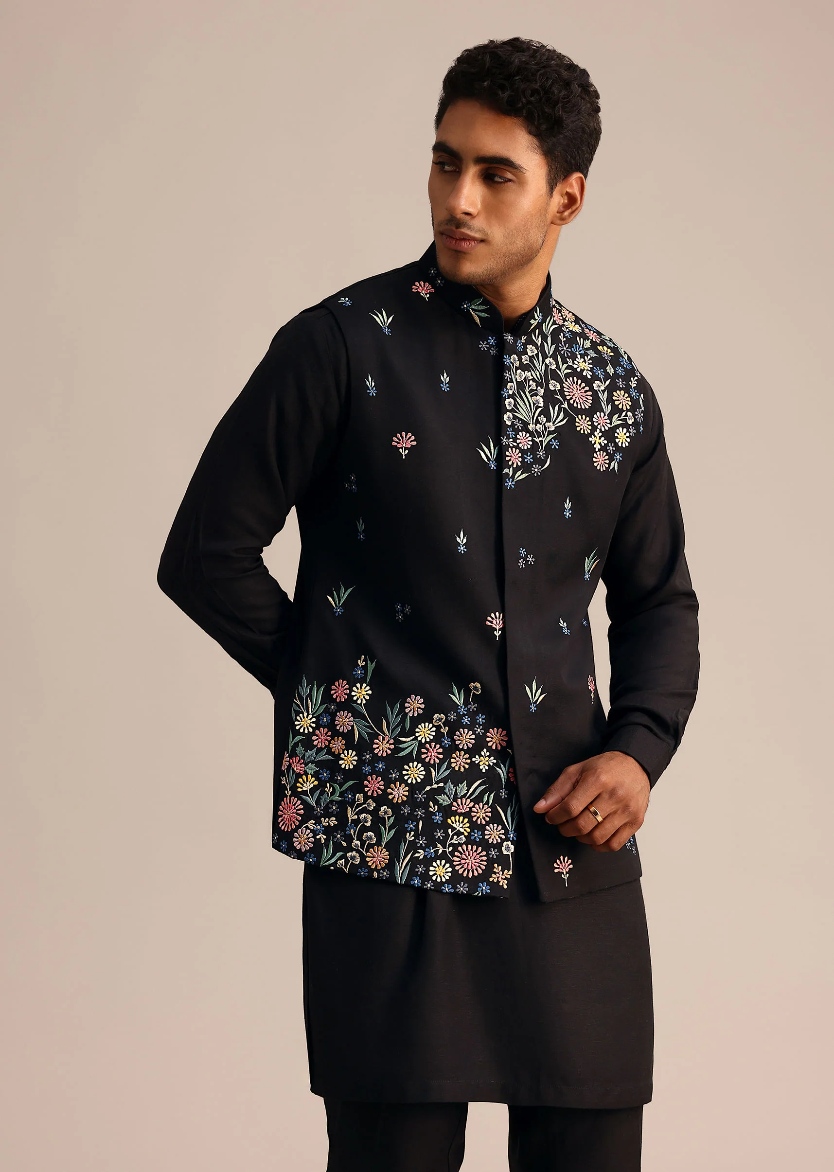 Black Kurta Jacket Set With Floral Embroidered Motifs - Image 4