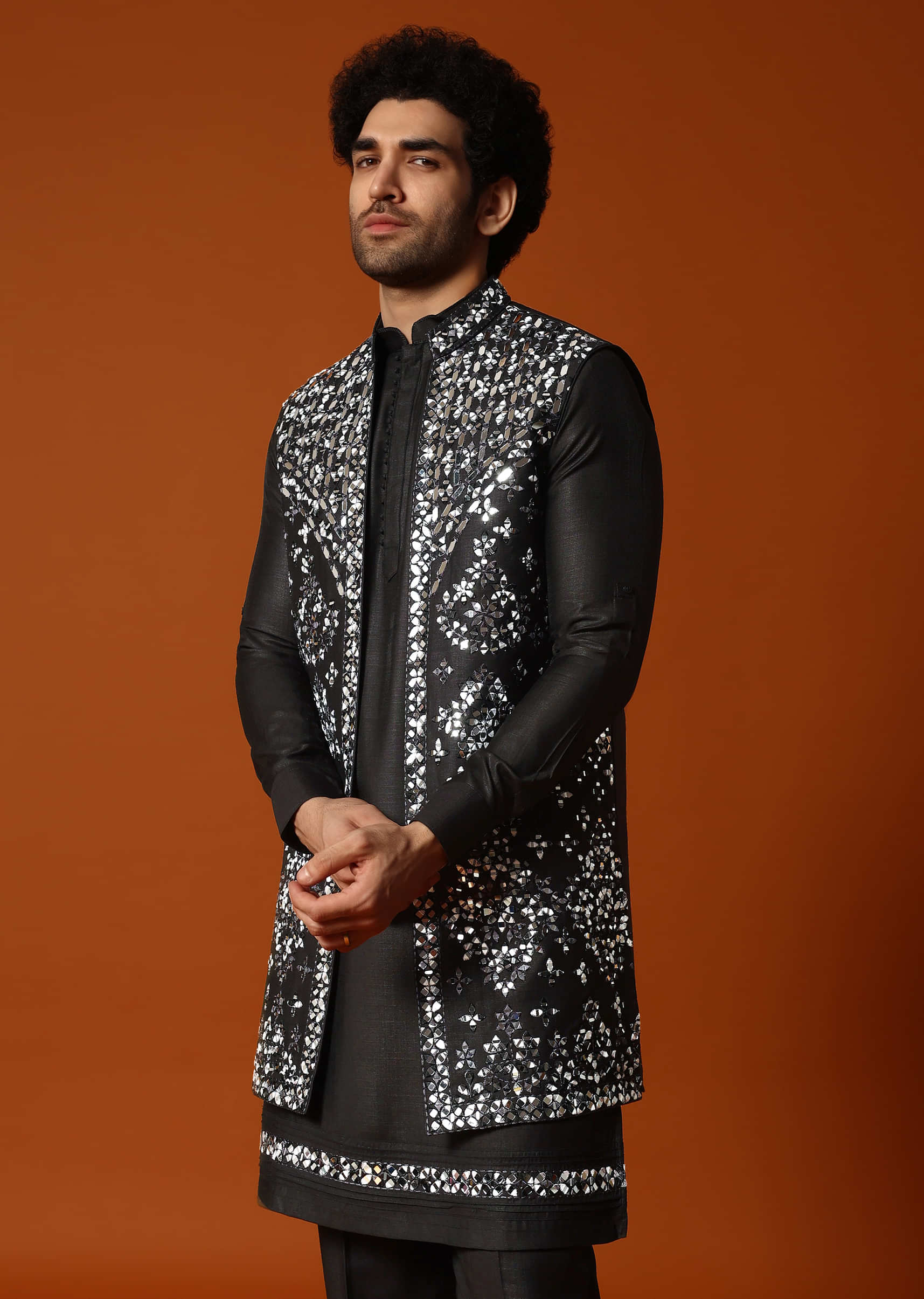 Black Kurta Jacket Set With Mirror Work For Men - Image 3
