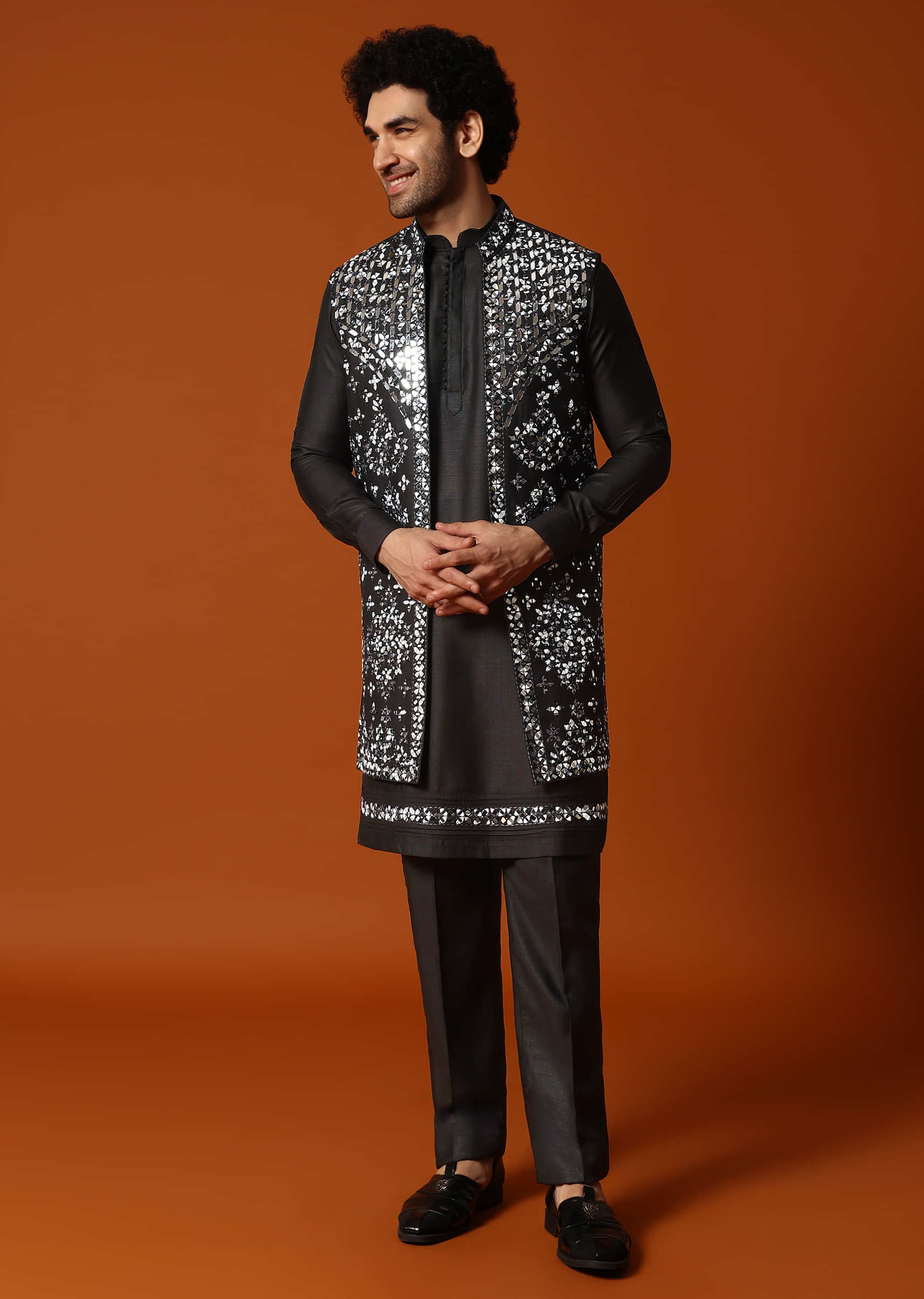 Black Kurta Jacket Set With Mirror Work For Men - Image 4