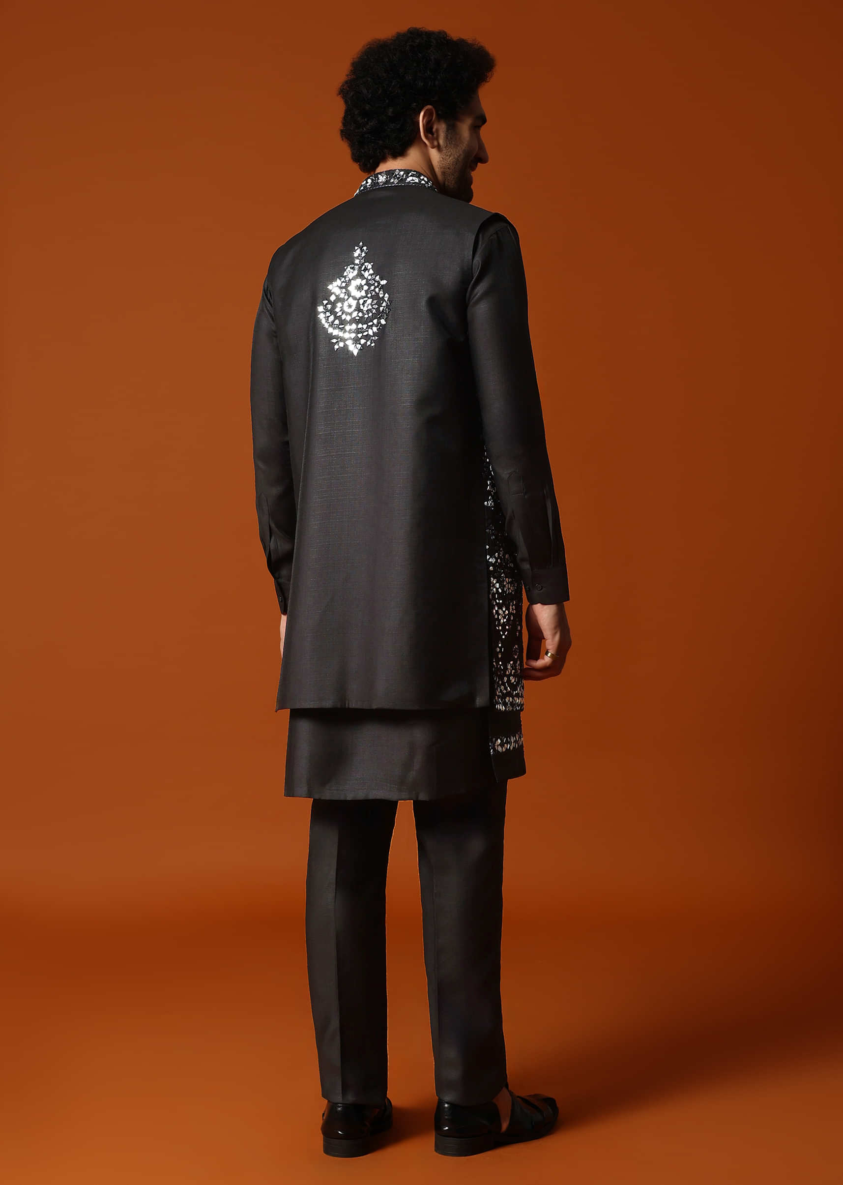 Black Kurta Jacket Set With Mirror Work For Men - Image 5