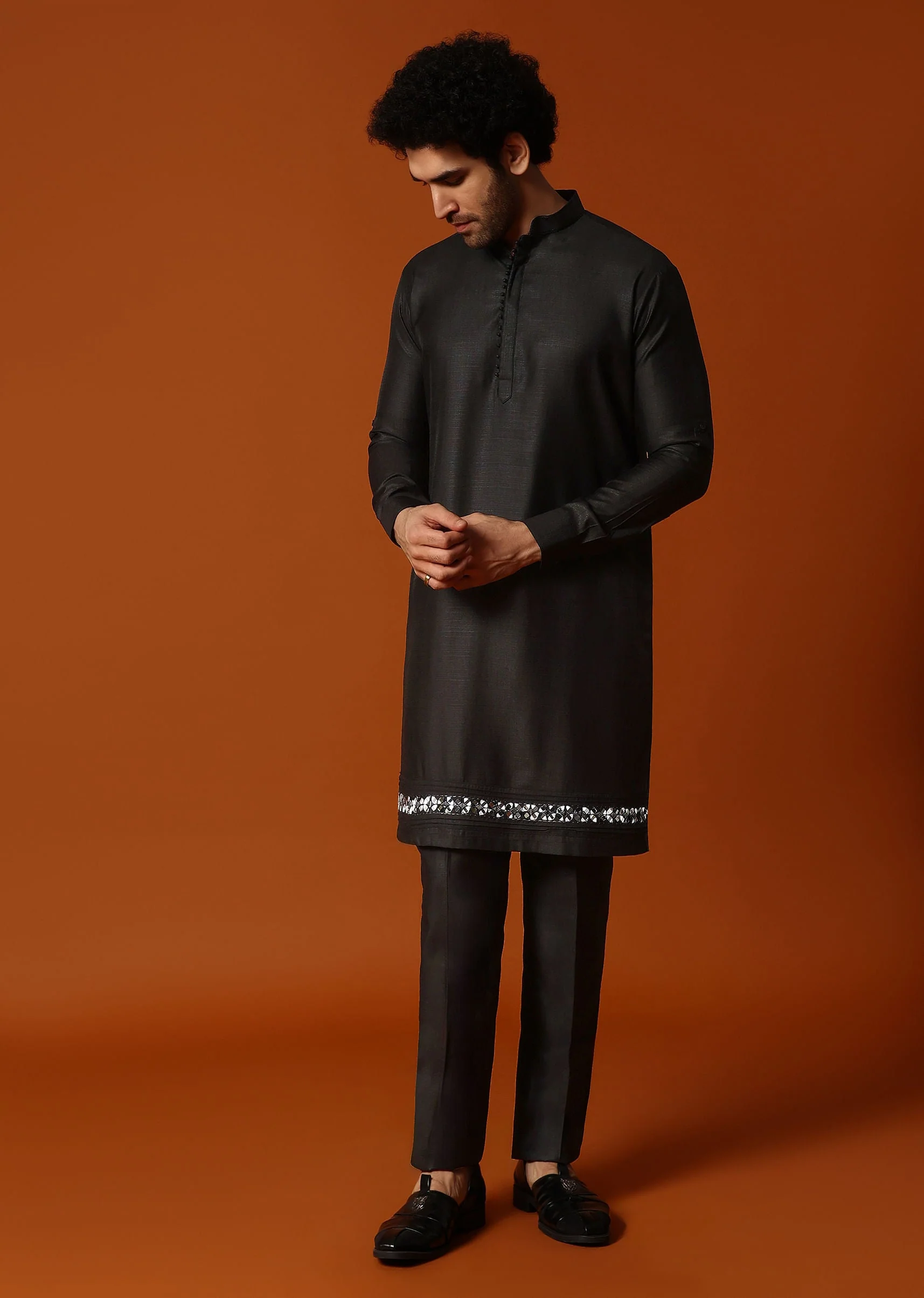 Black Kurta Jacket Set With Mirror Work For Men - Image 6