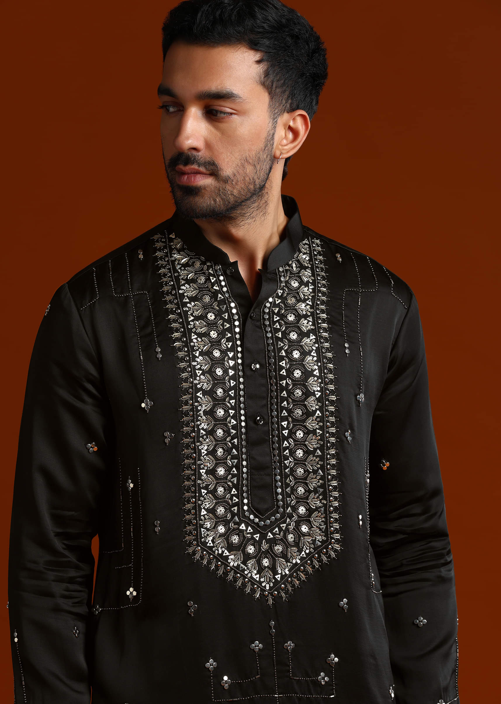 Black Kurta Set For Men With Metal Embroidery - Image 2