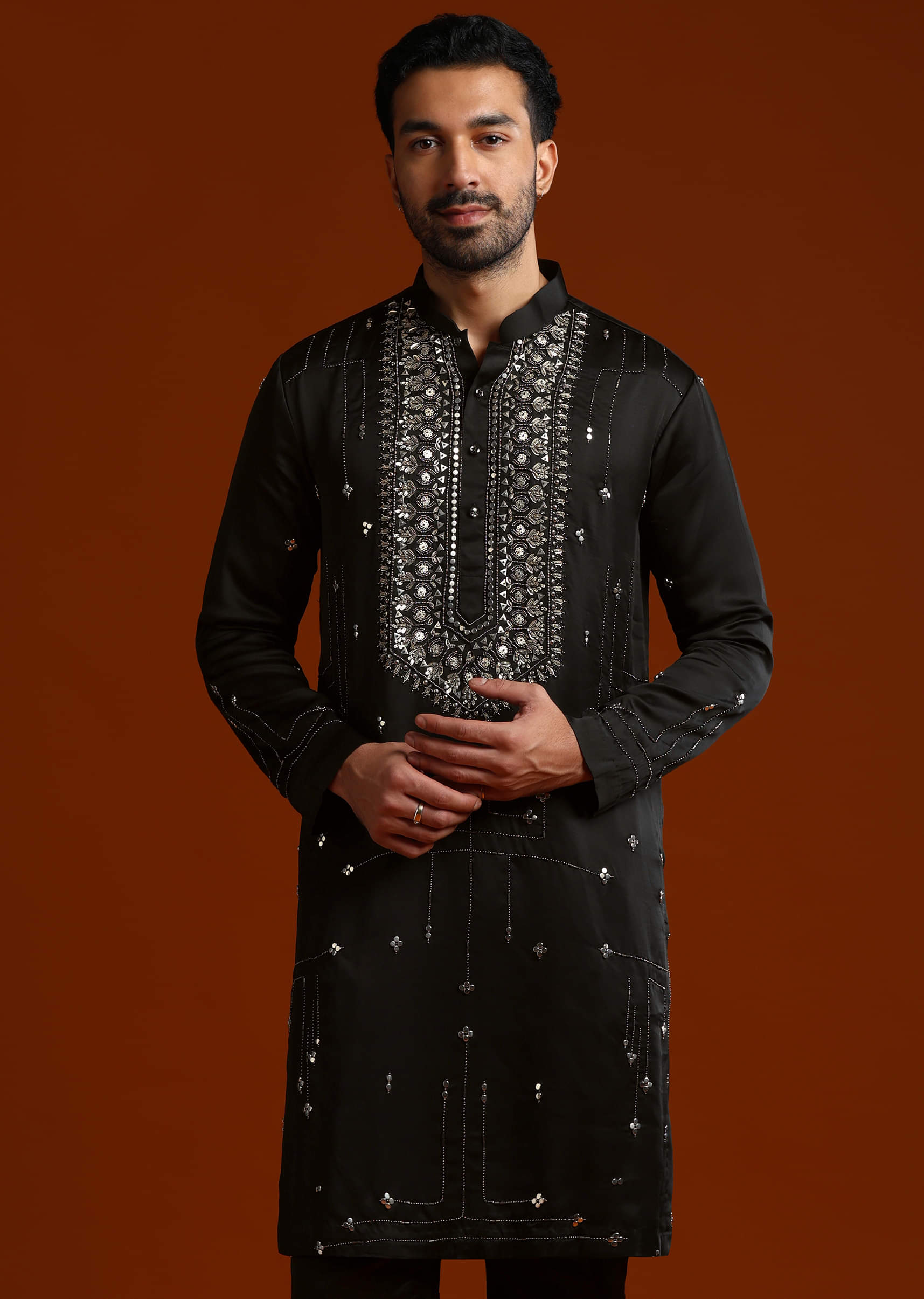 Black Kurta Set For Men With Metal Embroidery - Image 4