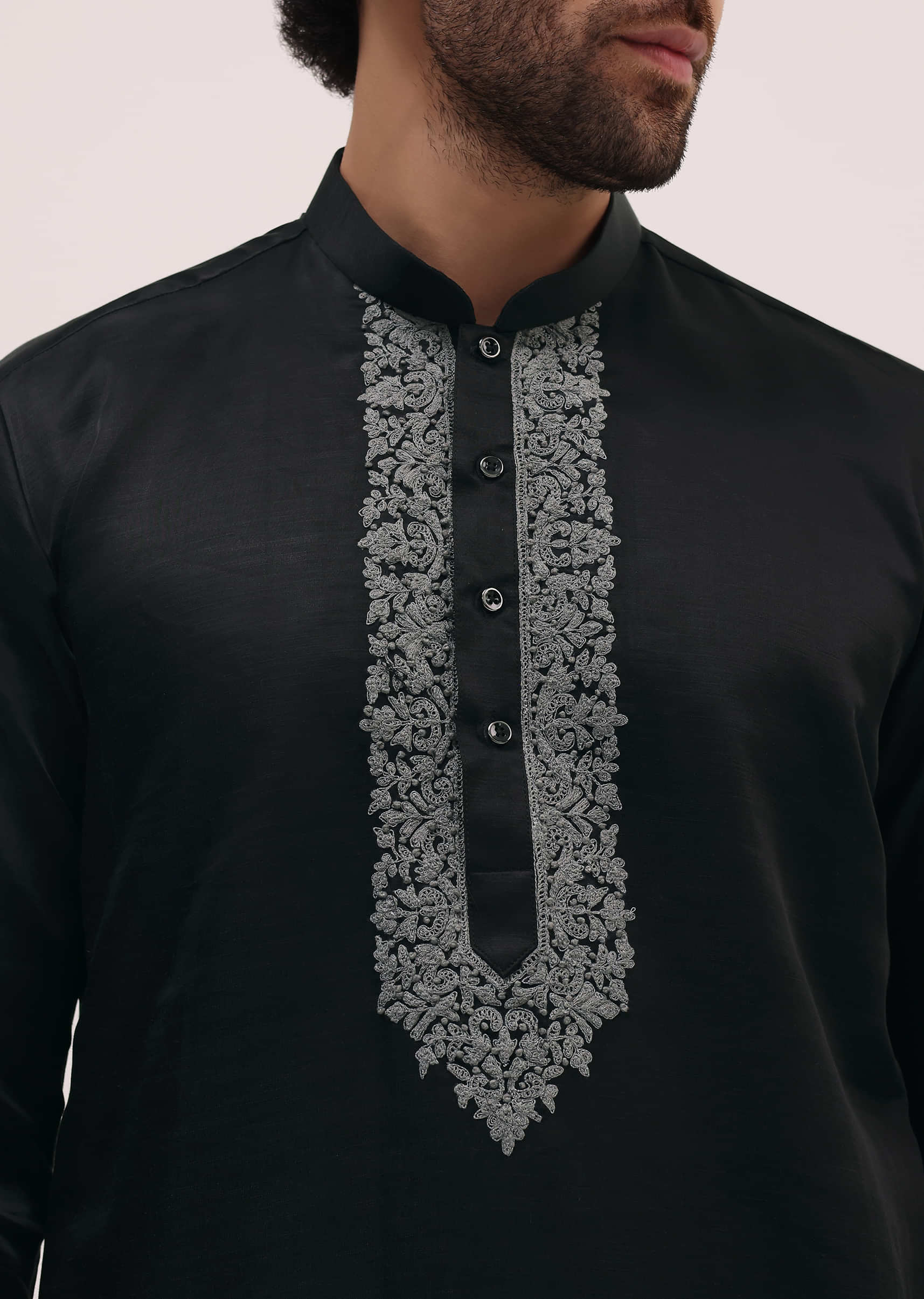 Black Kurta Set In Resham Work With Dupatta For Men - Image 4