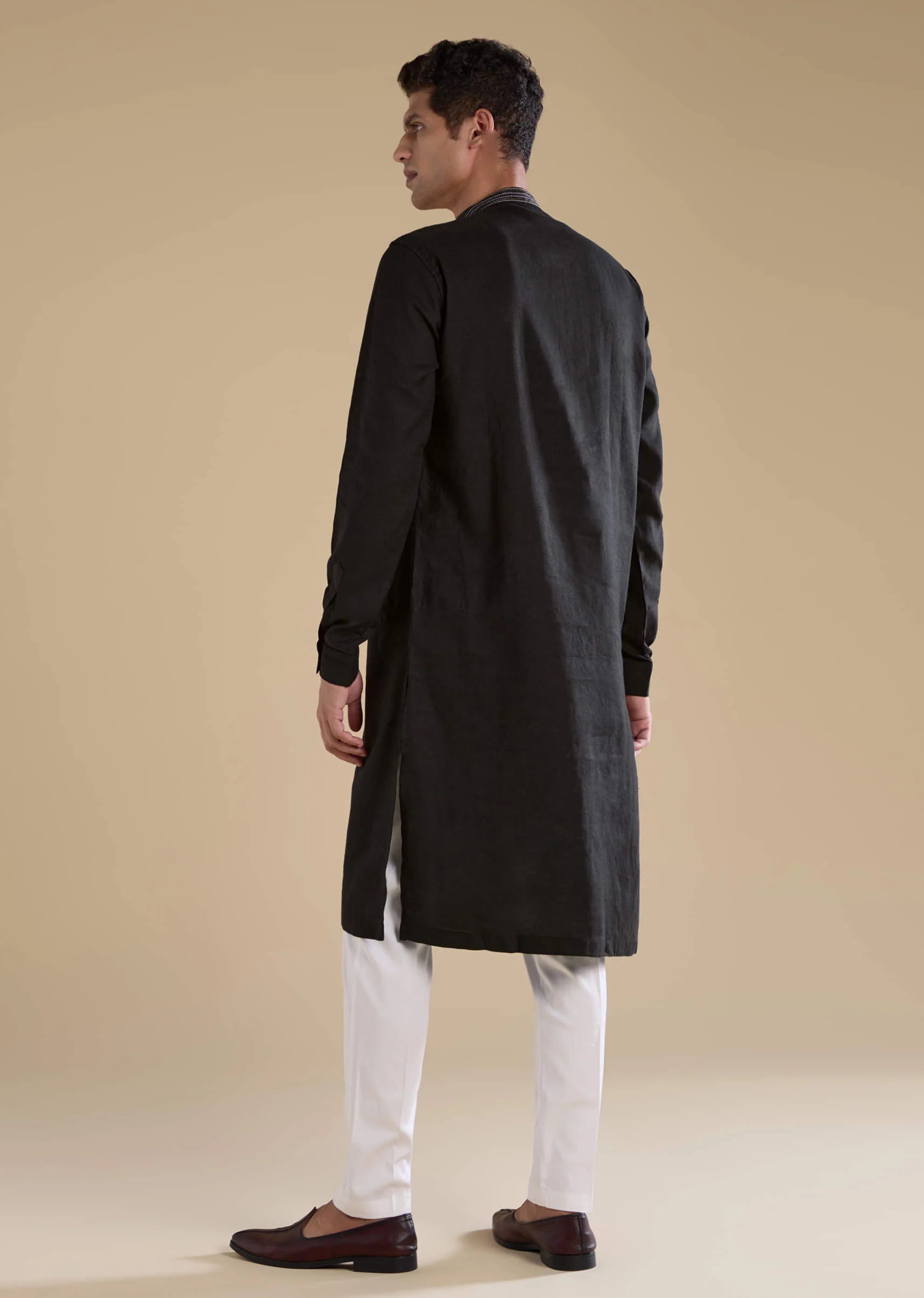 Black Linen Embroidered Mens Kurta Set - Image 5
