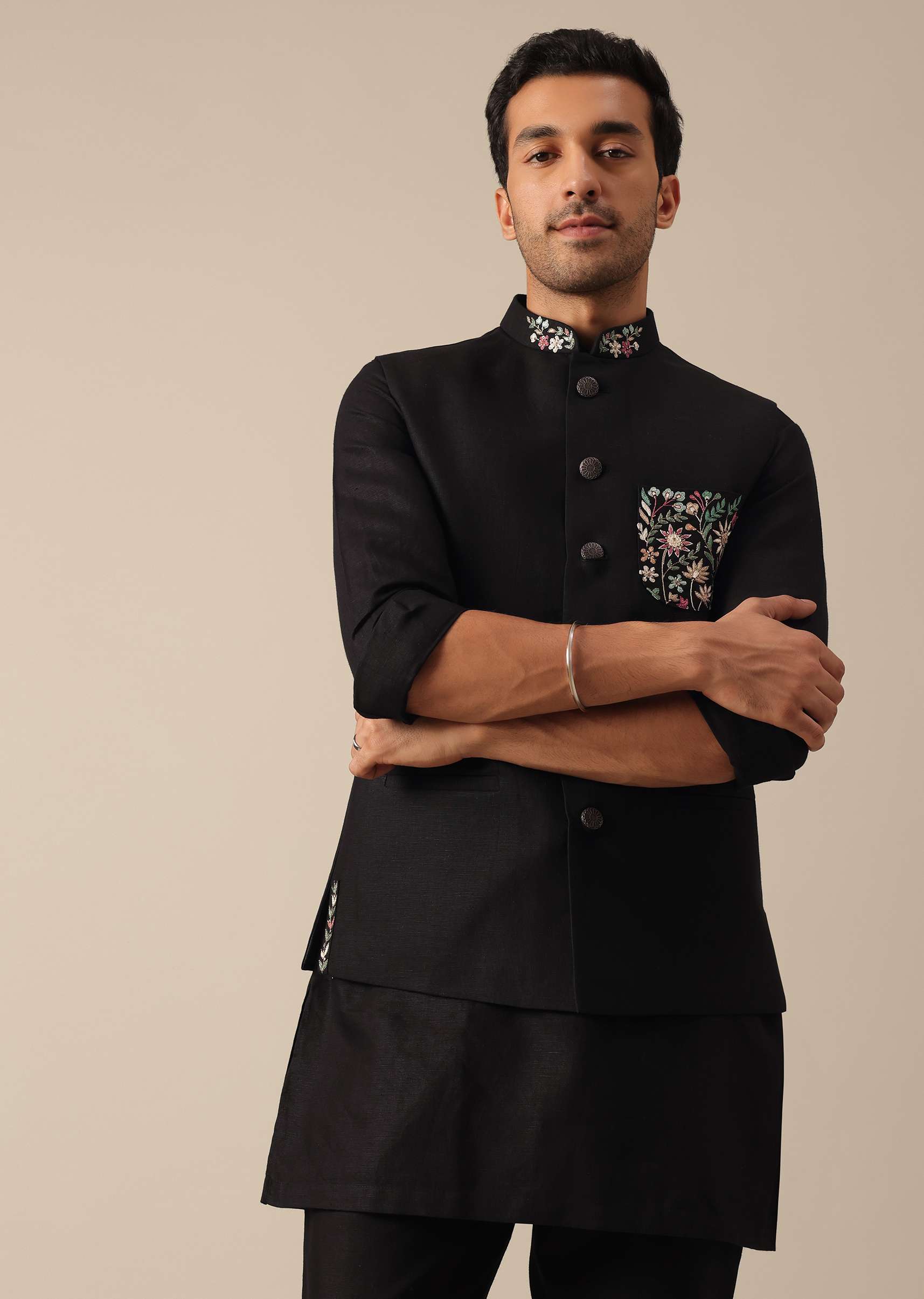 Black Linen Jacket And Kurta Set - Image 3