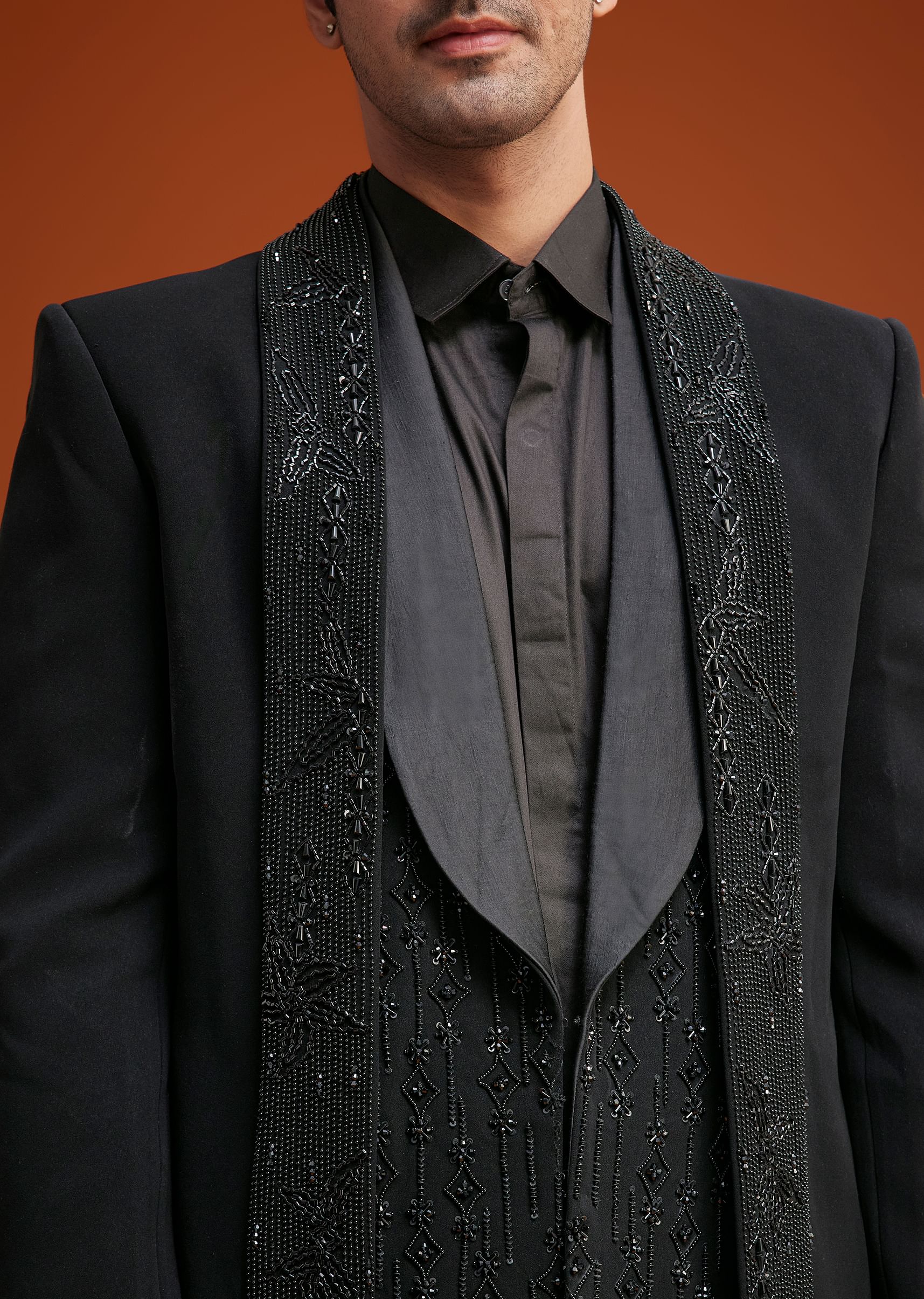 Black Long Open Jacket Set With Tonal Beaded Embroidery - Image 3